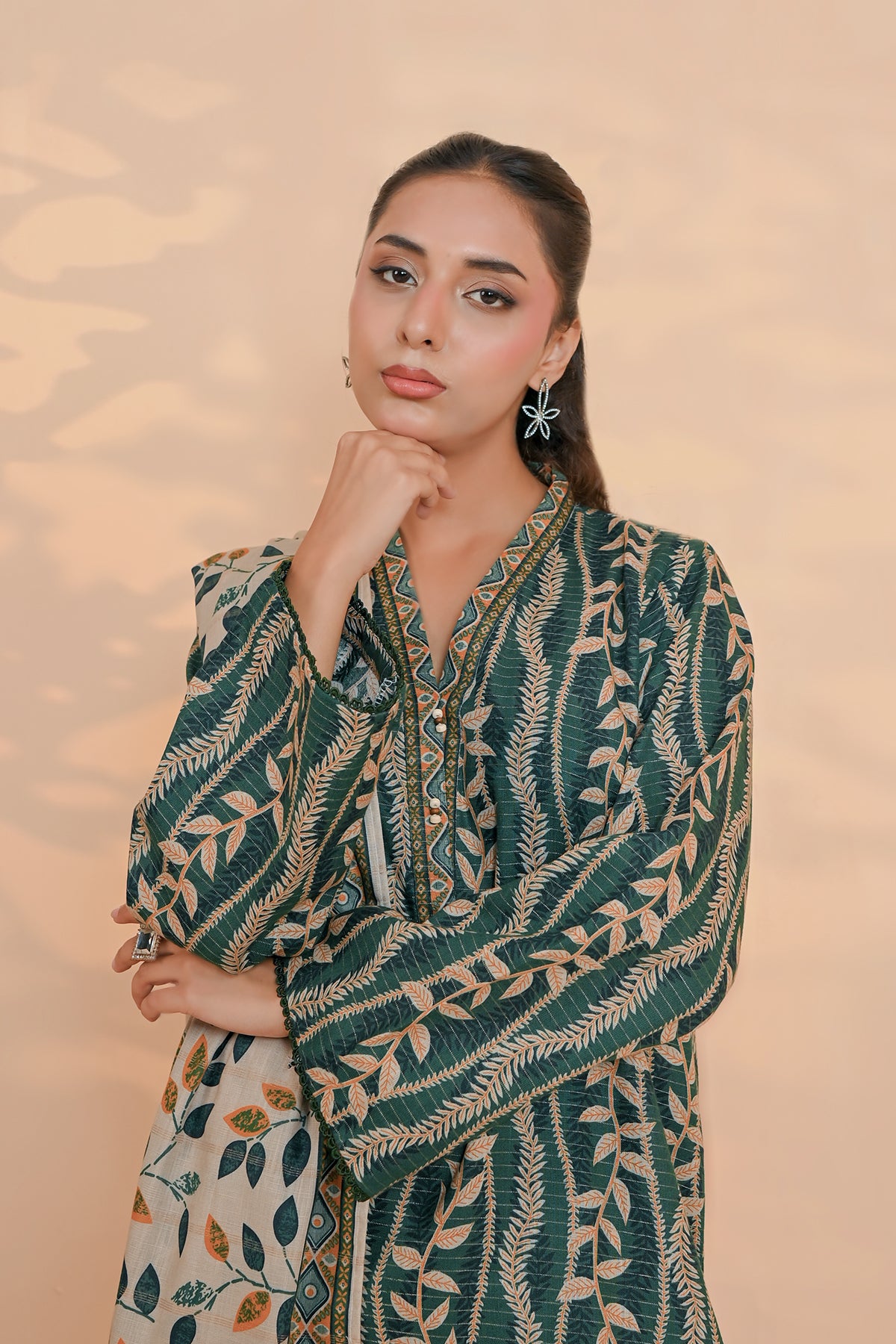 3 Pcs Unstitched printed Essential khaddar Suit in pine green for women
