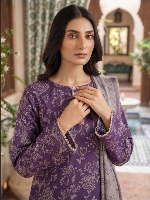 Plum purple floral printed 3-piece stitched suit