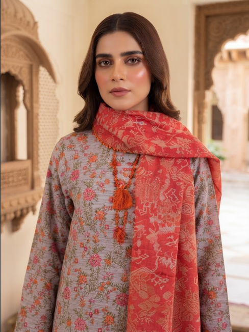 Ash grey 3-piece stitched suit with orange crochet lace trims