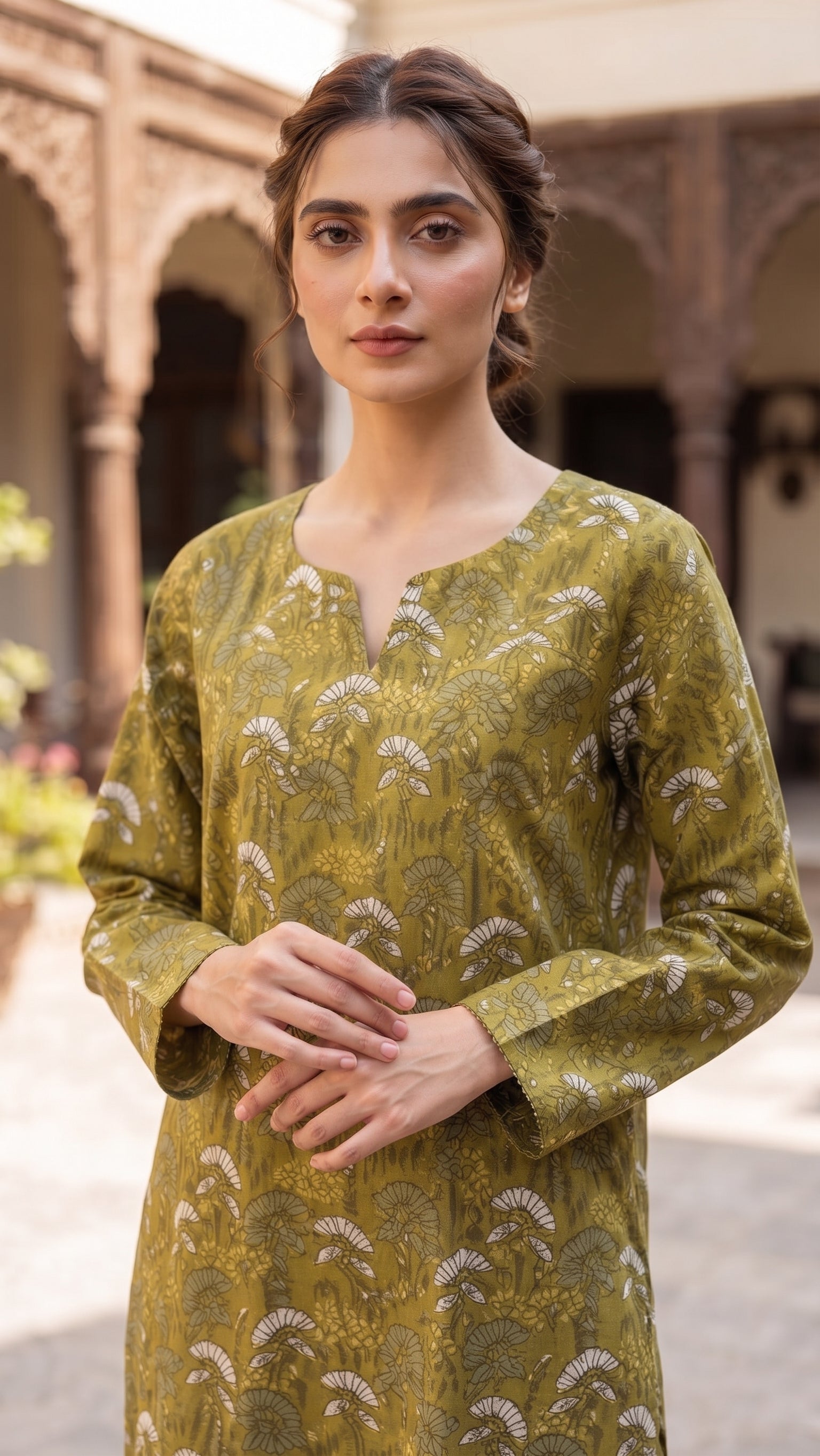 Olive Green Palm Leaf Print 2-Piece Suit view 3