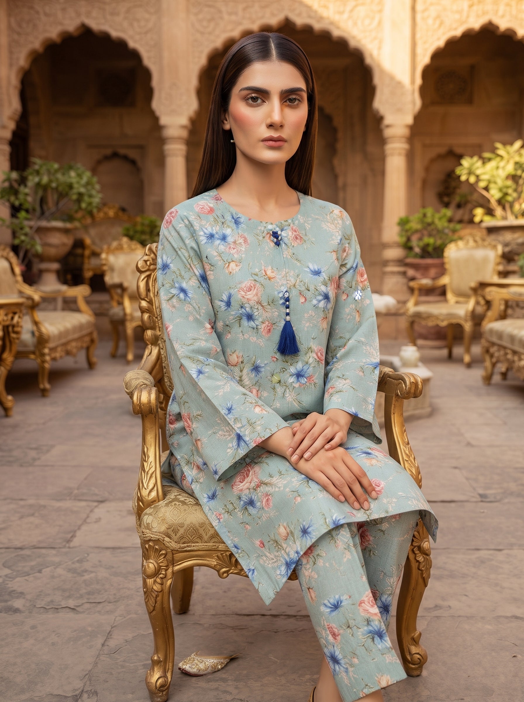 Powder Blue Rose Floral Print 2-Piece Suit view