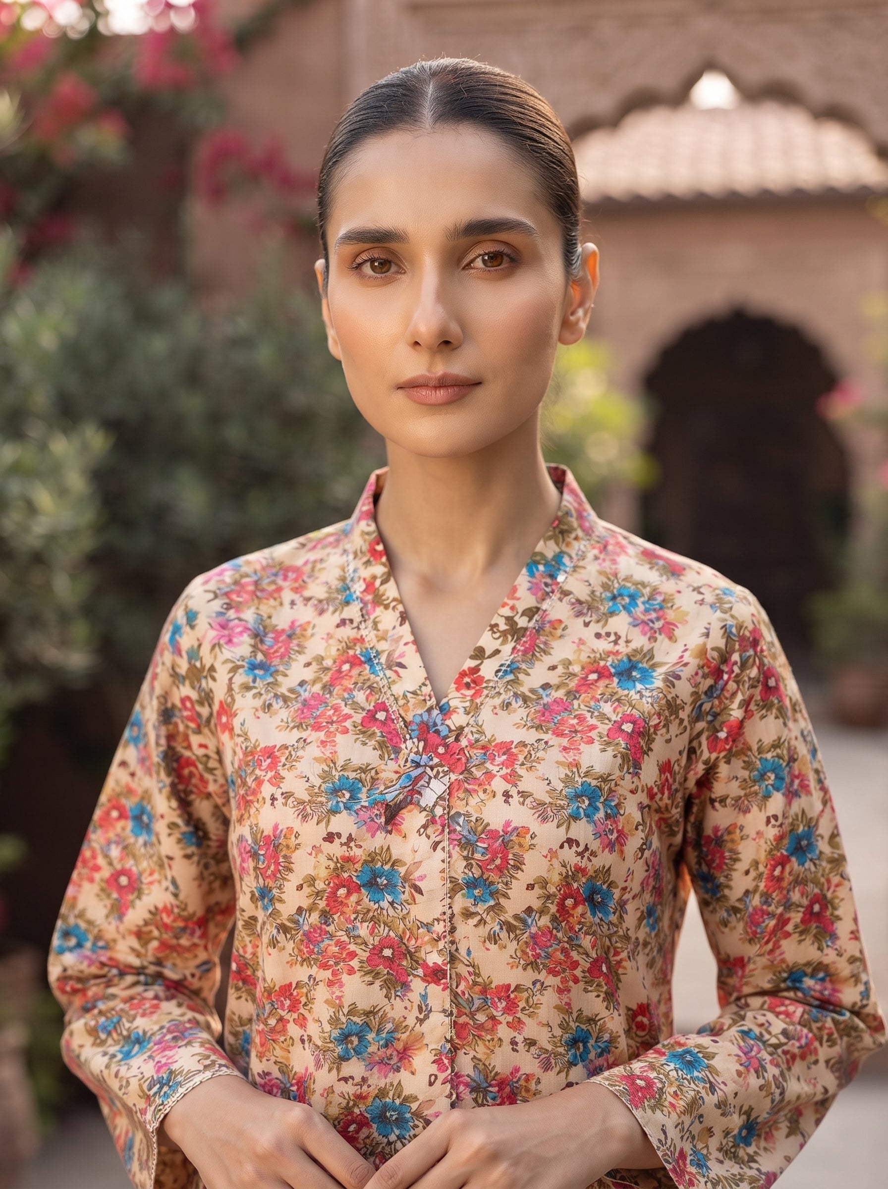 Beige Multicolor Floral Print 2-Piece Suit view 2
