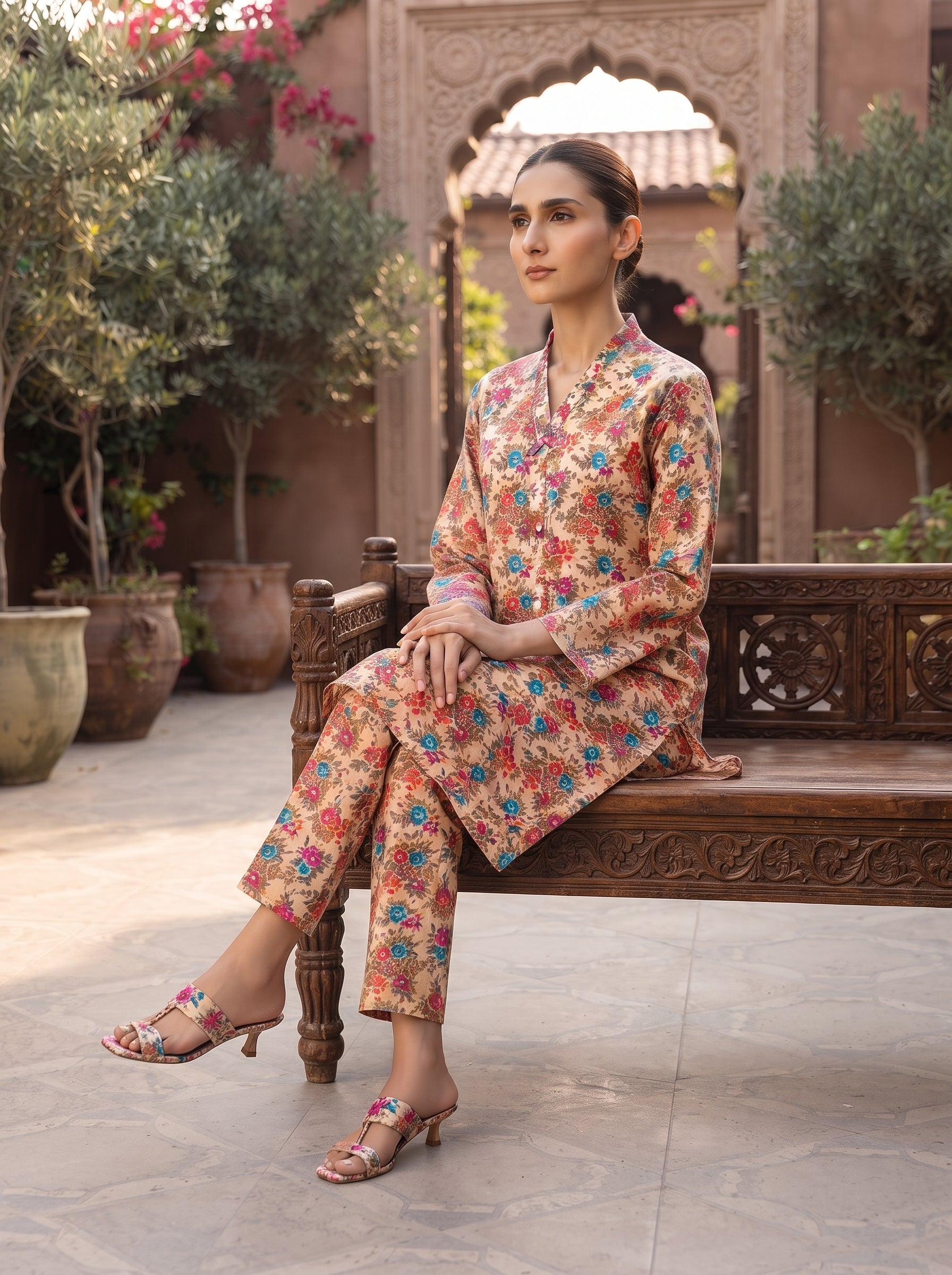 Beige Multicolor Floral Print 2-Piece Suit front