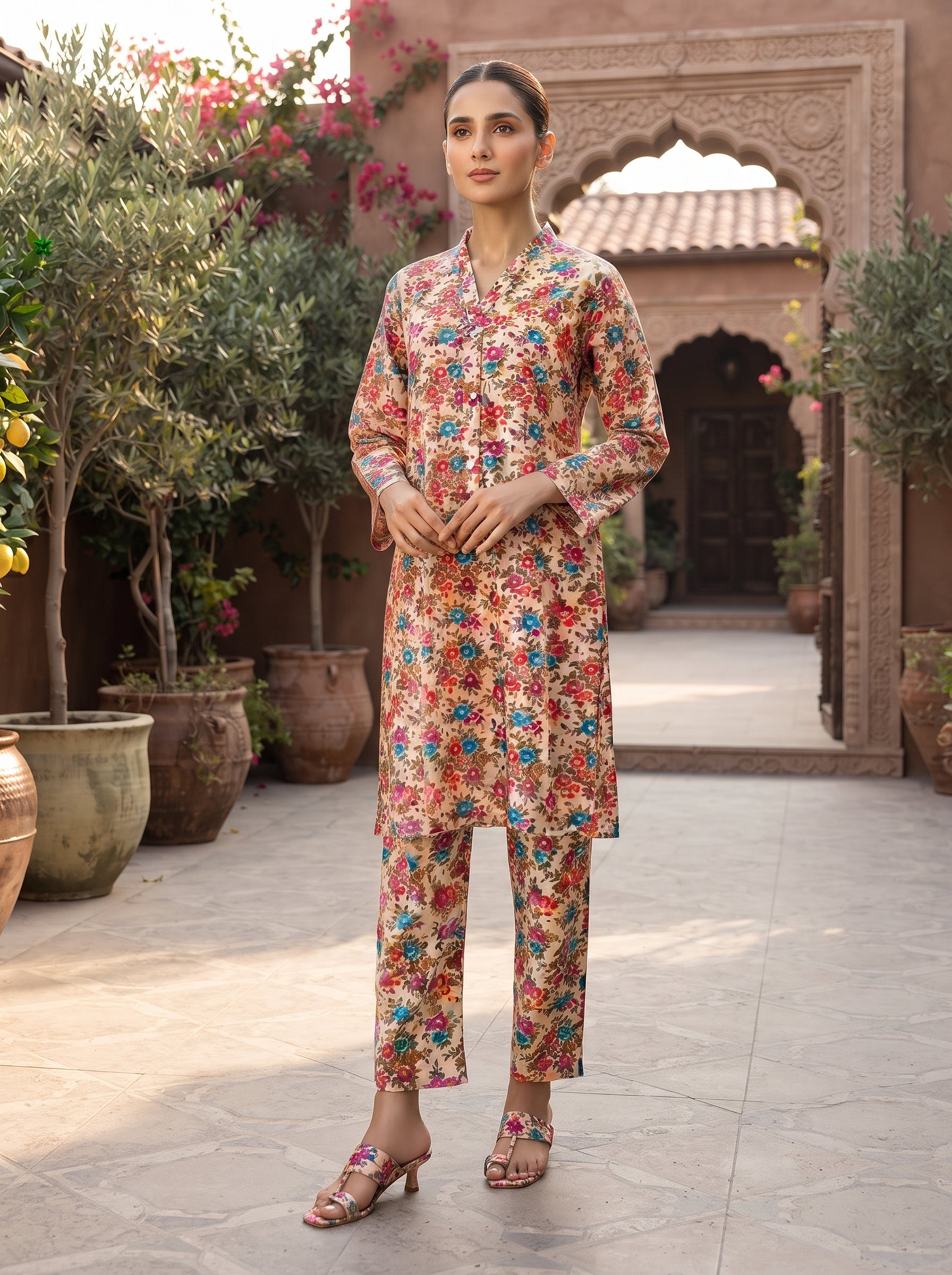 Beige Multicolor Floral Print 2-Piece Suit view 4