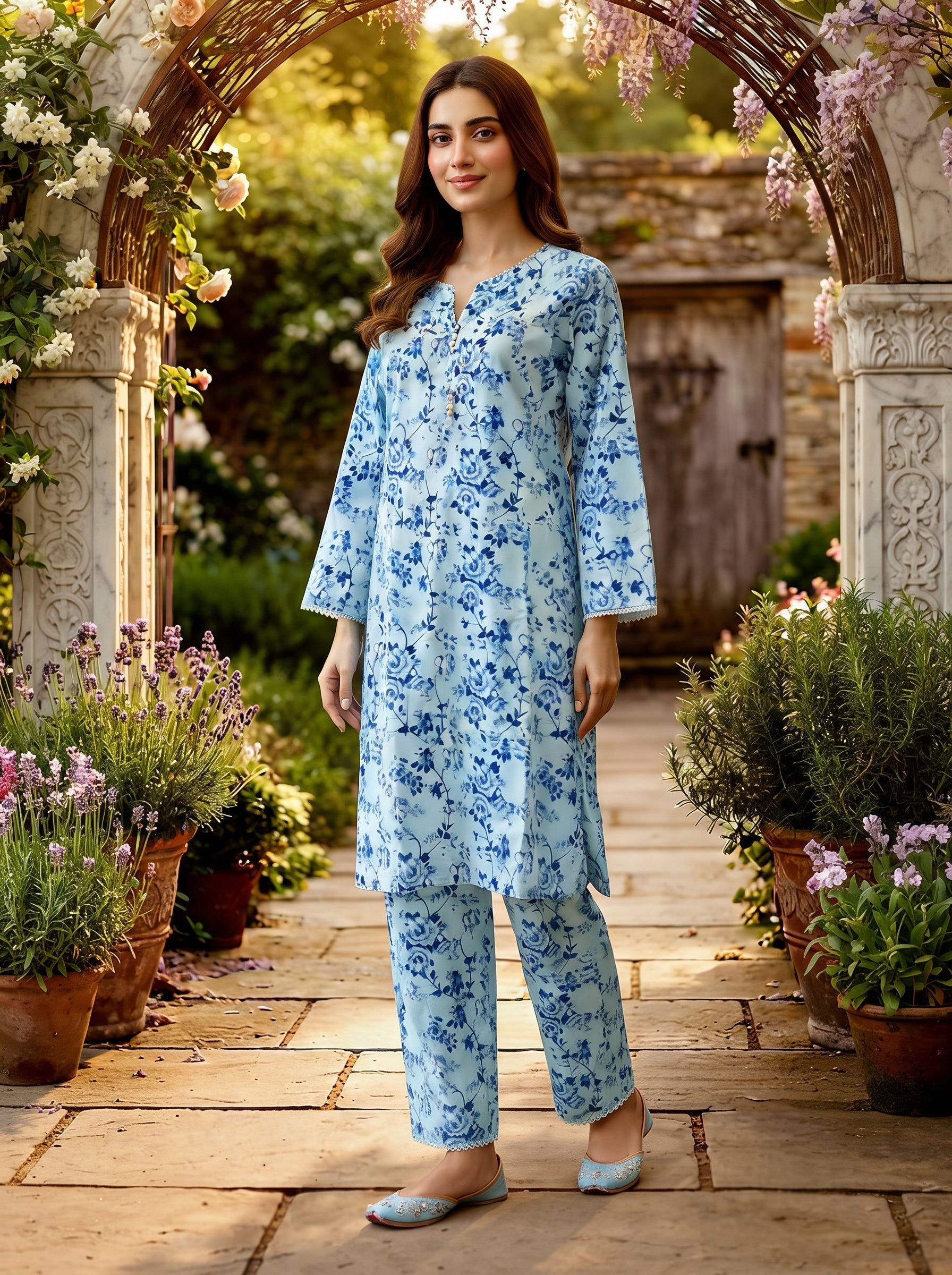 Sky Blue Toile Floral Print 2-Piece Suit view 4