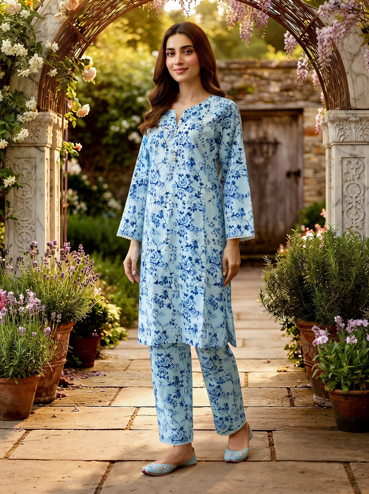 Sky Blue Toile Floral Print 2-Piece Suit view 4