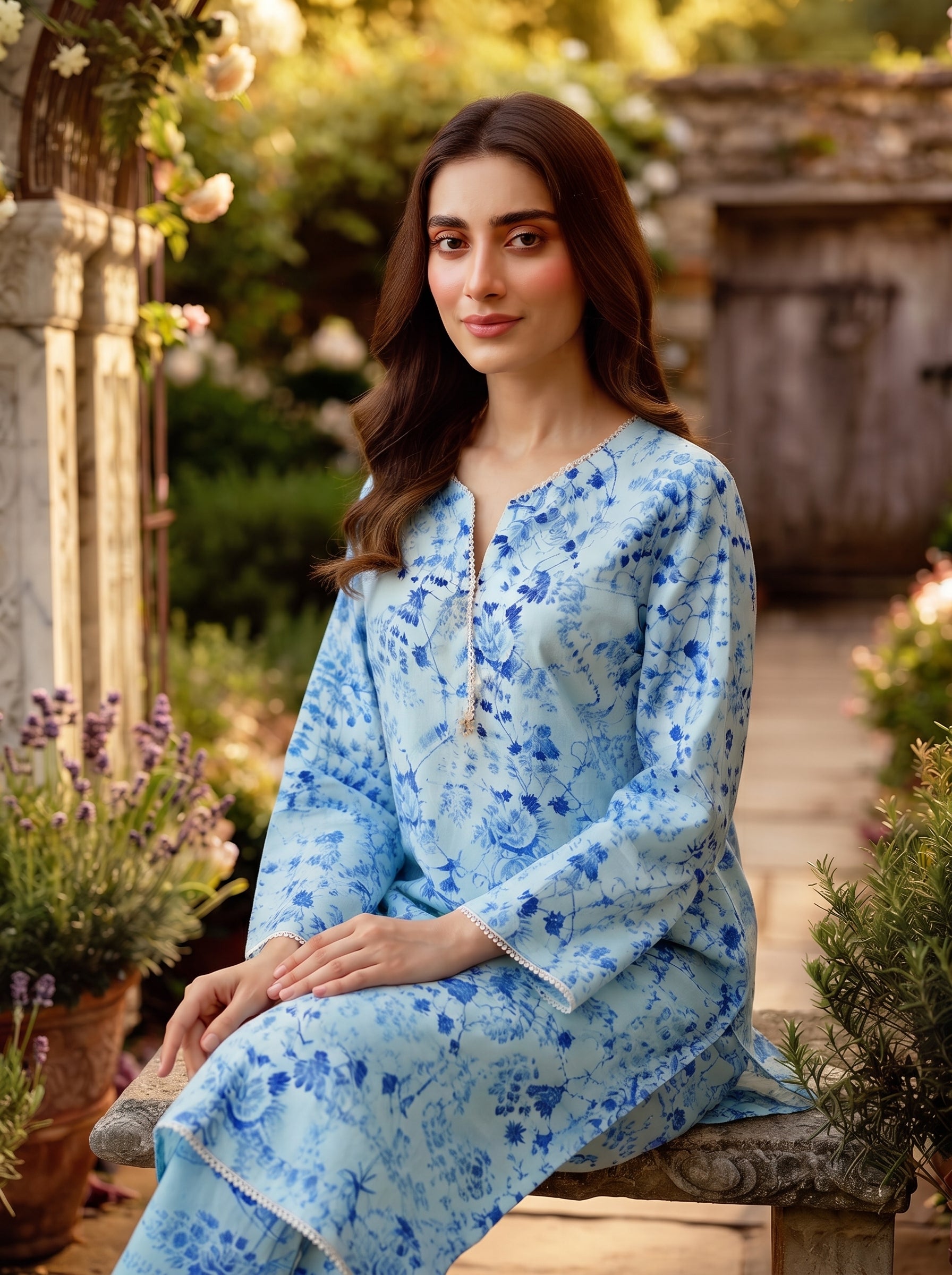 Sky Blue Toile Floral Print 2-Piece Suit view 2
