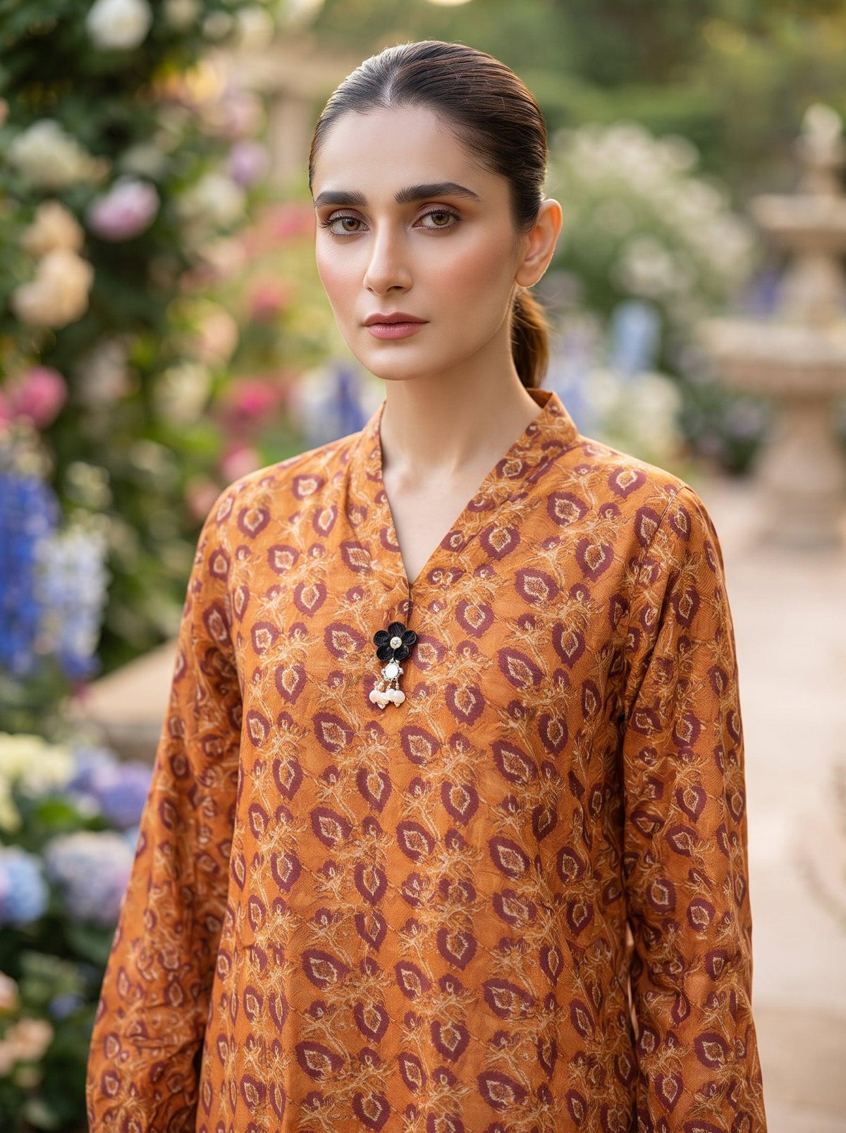 Rust Orange Ikat Print 2-Piece Suit front