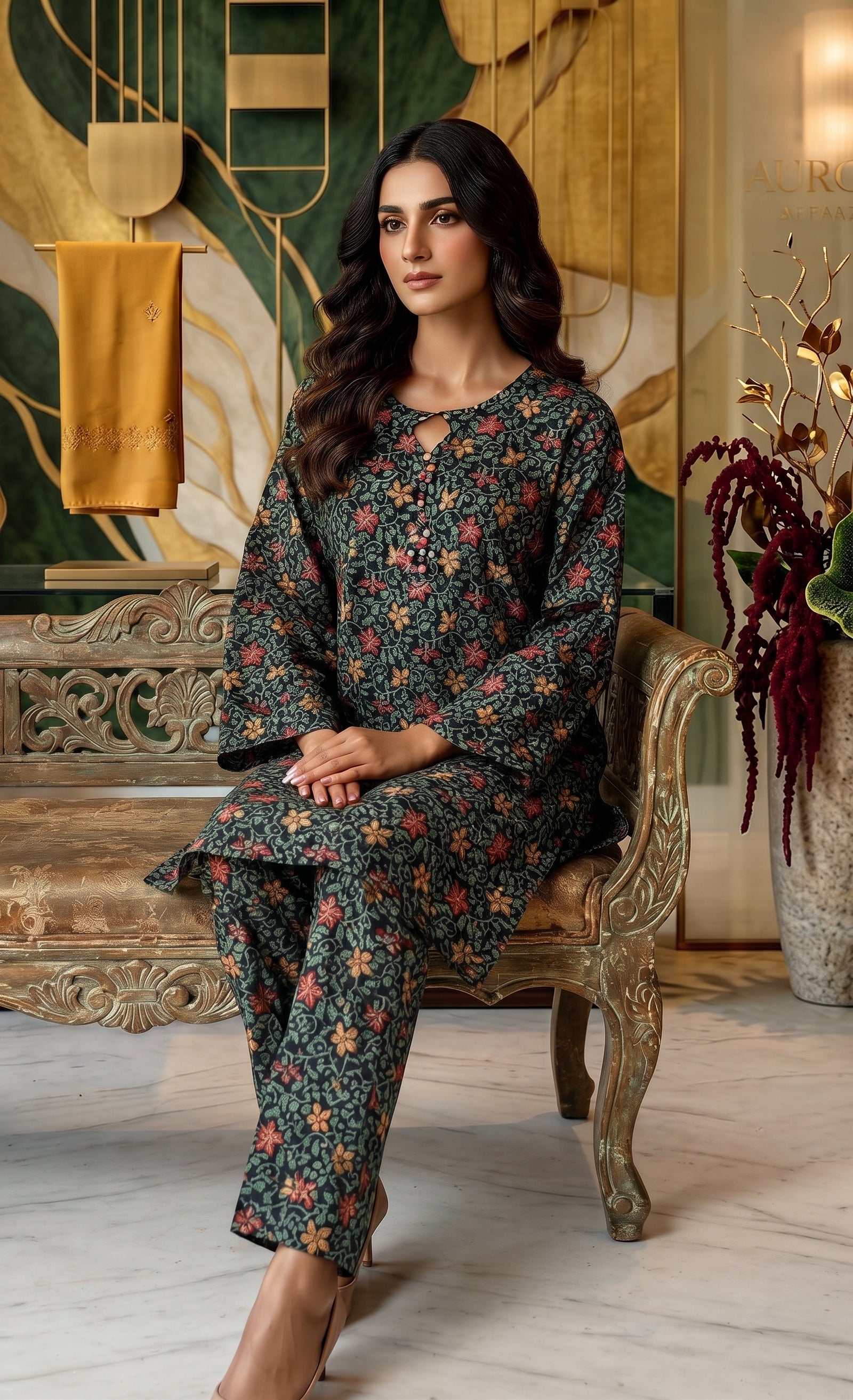 Charcoal Black Floral Vine Print 2-Piece Suit view 2
