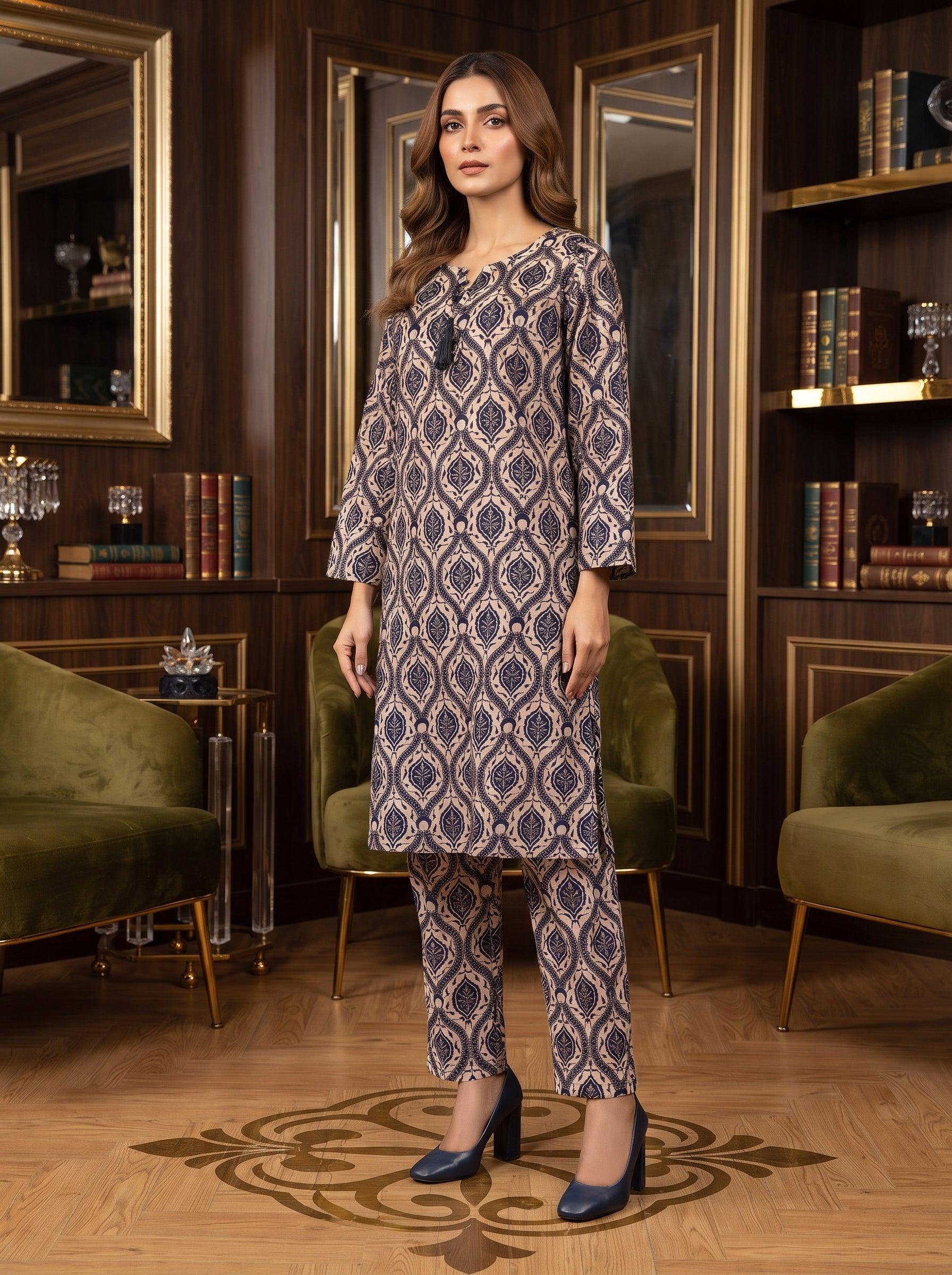 Navy Ikat Leaf Print 2-Piece Suit front