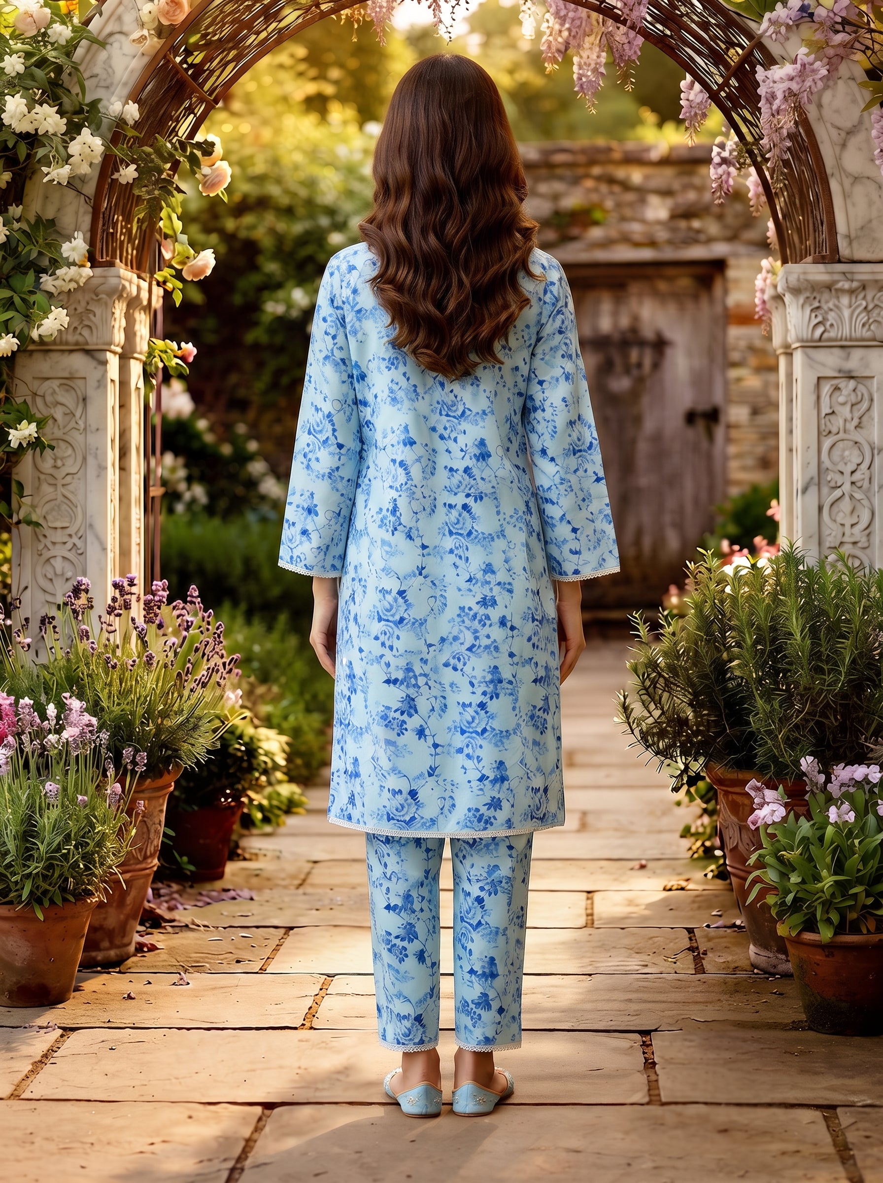Sky Blue Toile Floral Print 2-Piece Suit back