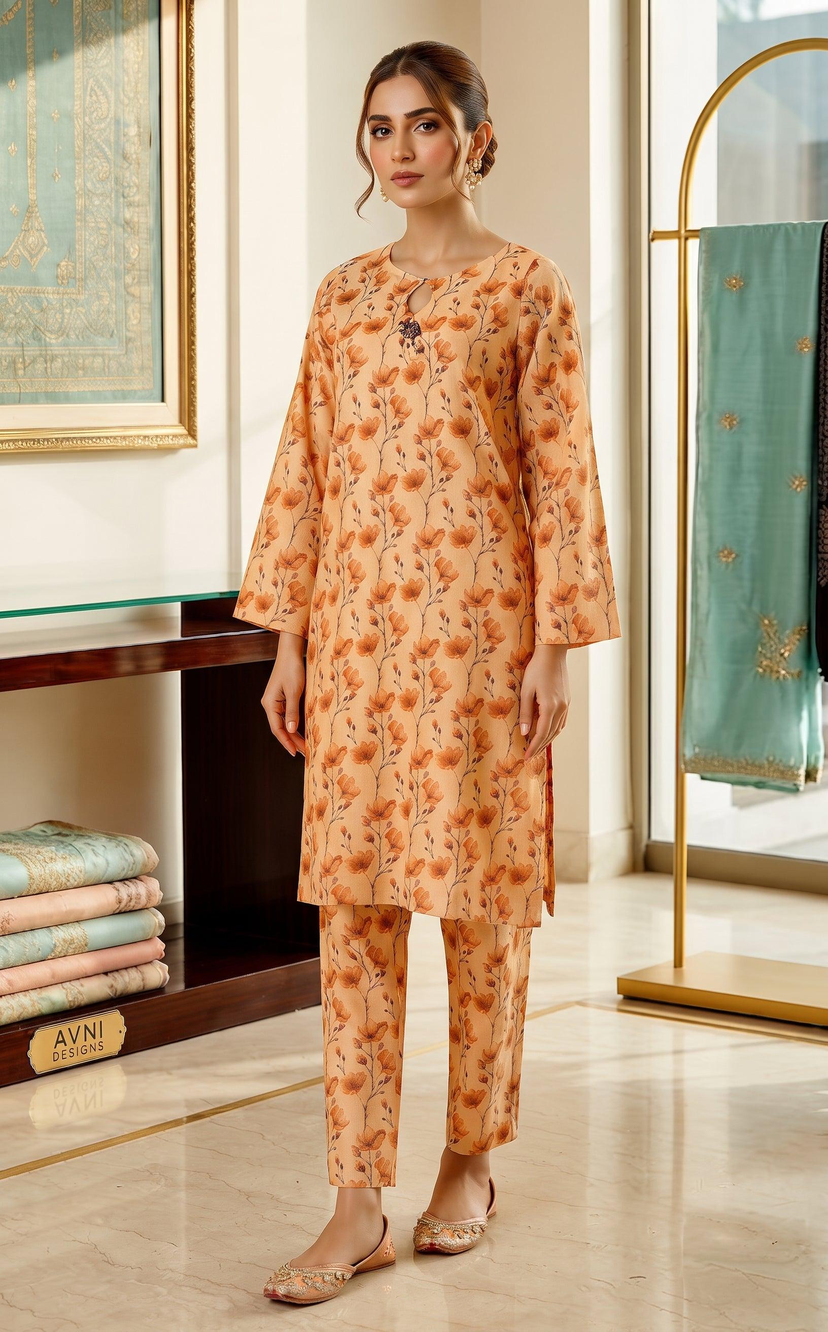 Peach Floral Print 2-Piece Suit front