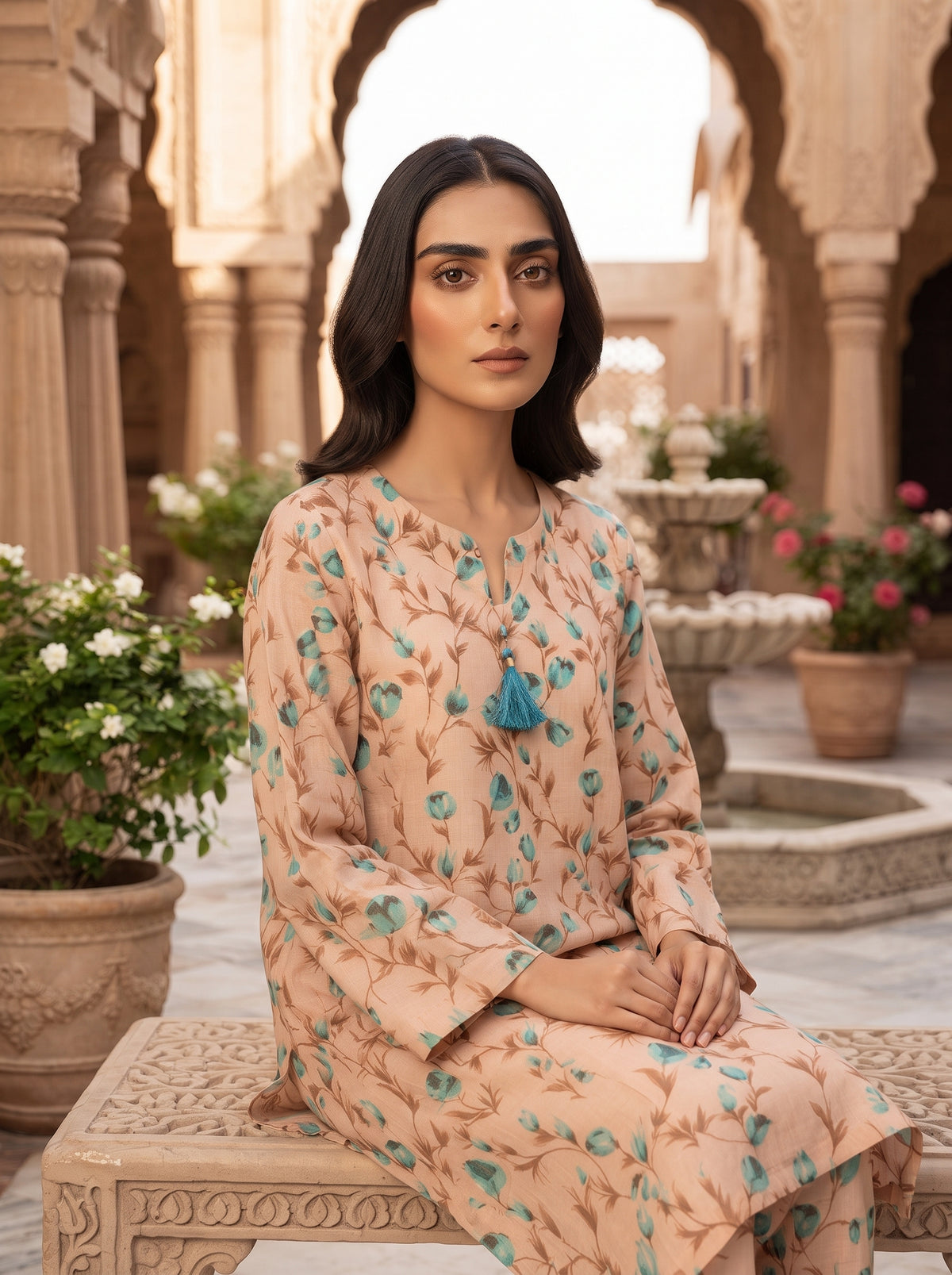 Peach Turquoise Leaf Print 2-Piece Suit front