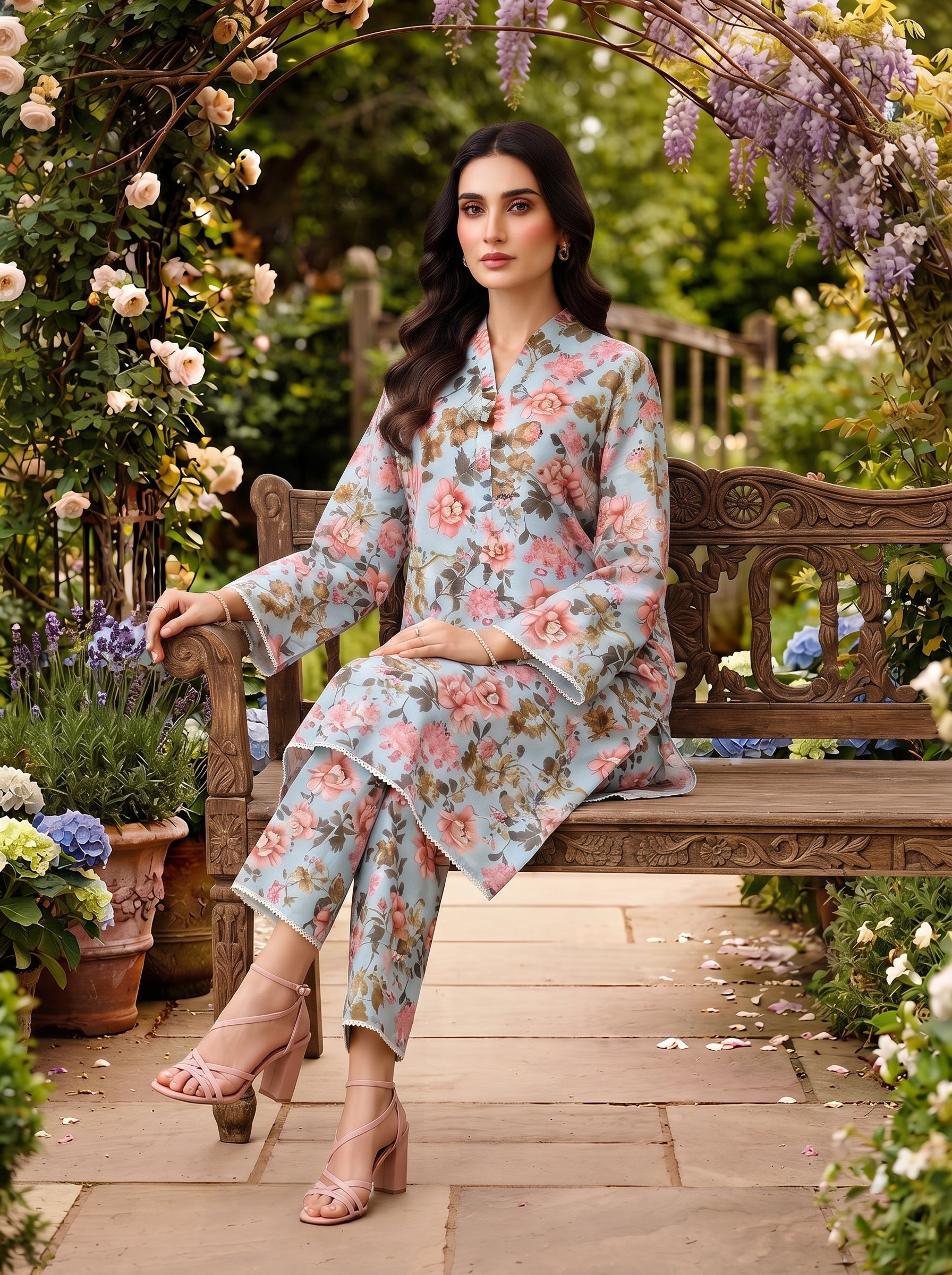 Ice Blue Rose Bouquet Print 2-Piece Suit view 2