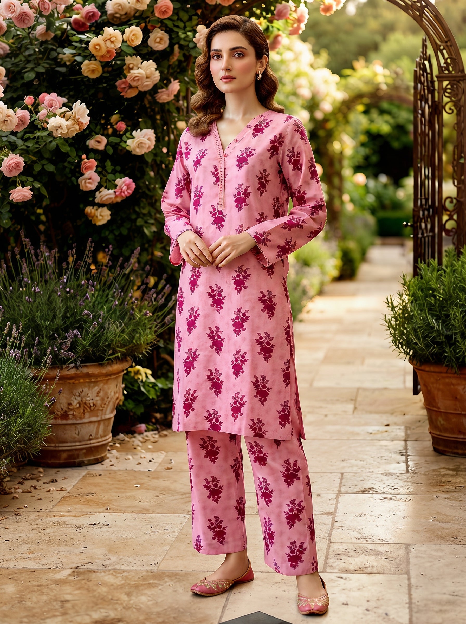 Pink Maroon Floral Print 2-Piece Suit view 3