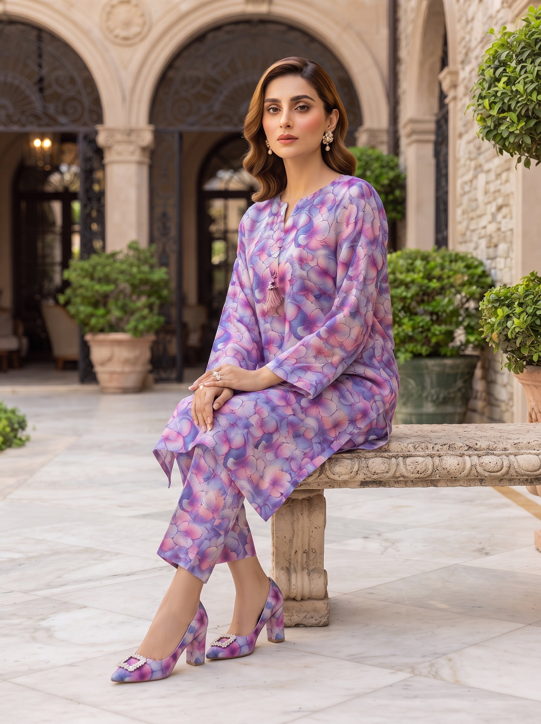 Lavender Watercolor Floral Print 2-Piece Suit view 3