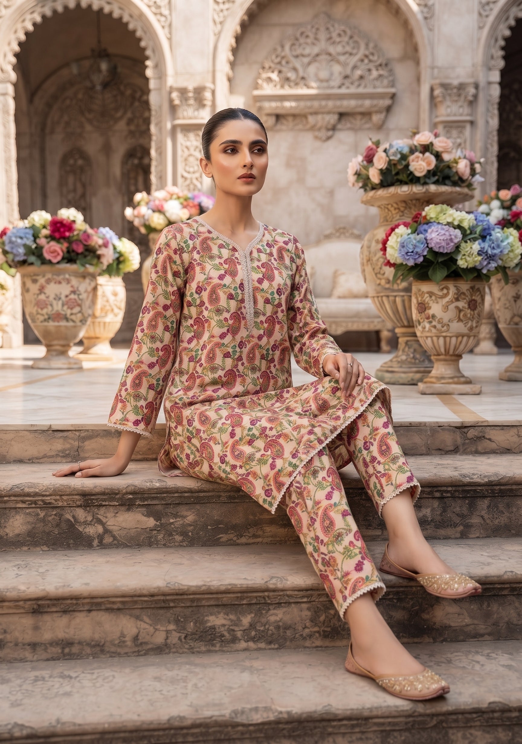 Nude Peach Paisley Print 2-Piece Suit view 3