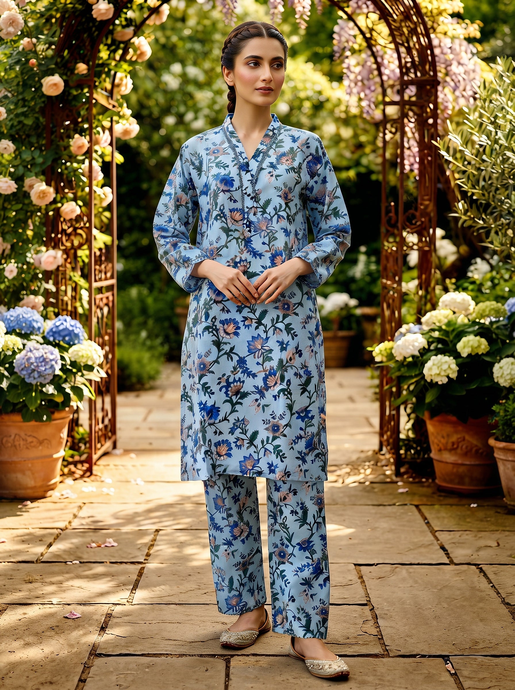 Powder Blue Multicolor Floral Print 2-Piece Suit view 3