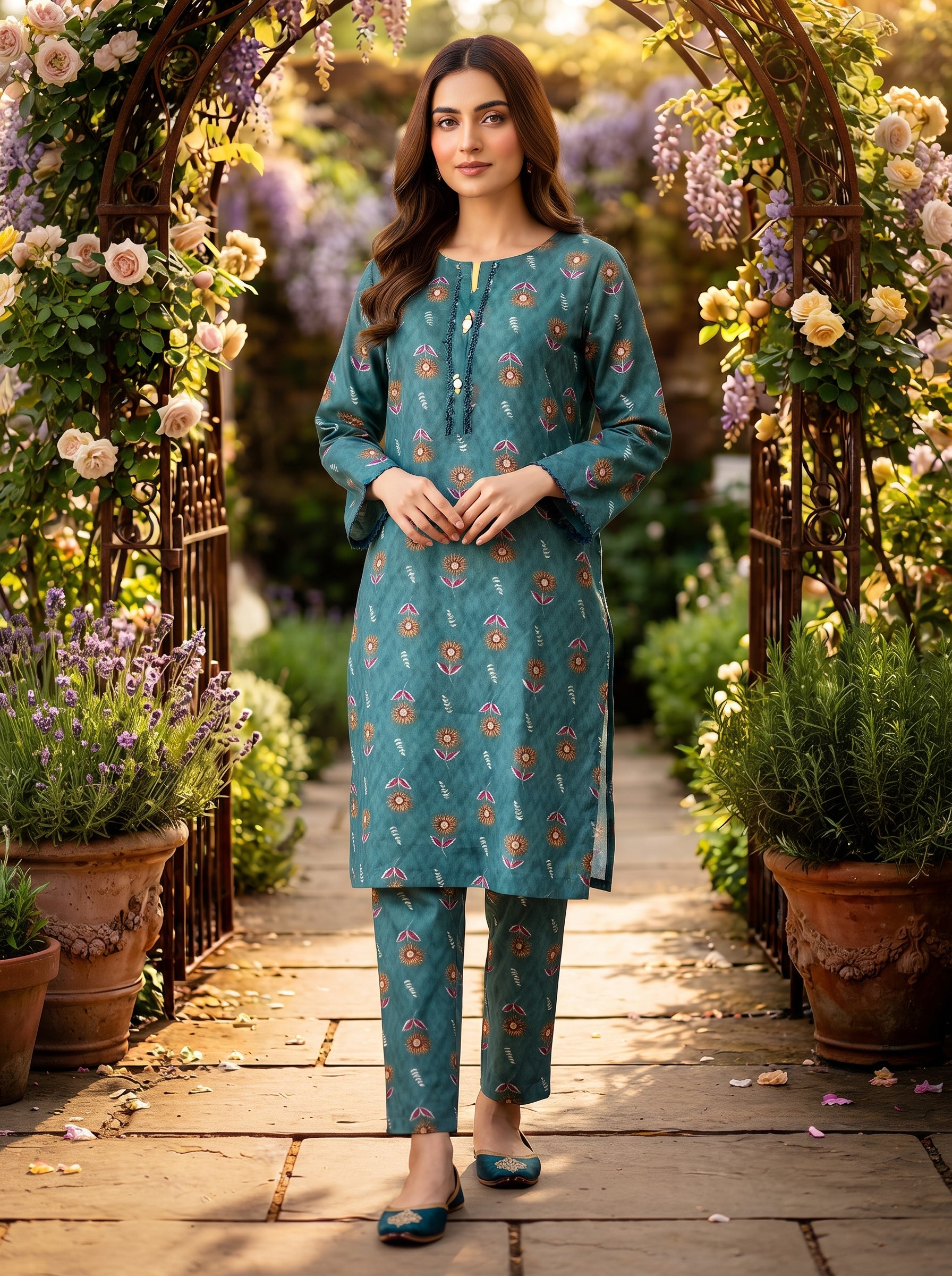Teal Floral Medallion Print 2-Piece Suit view 4
