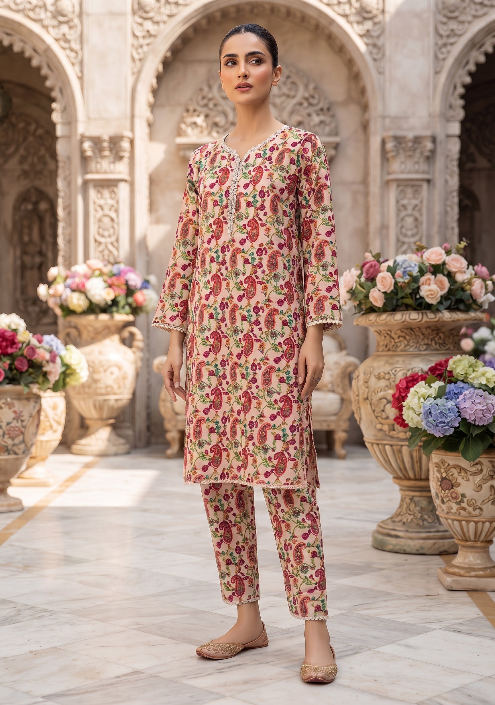 Nude Peach Paisley Print 2-Piece Suit view 2