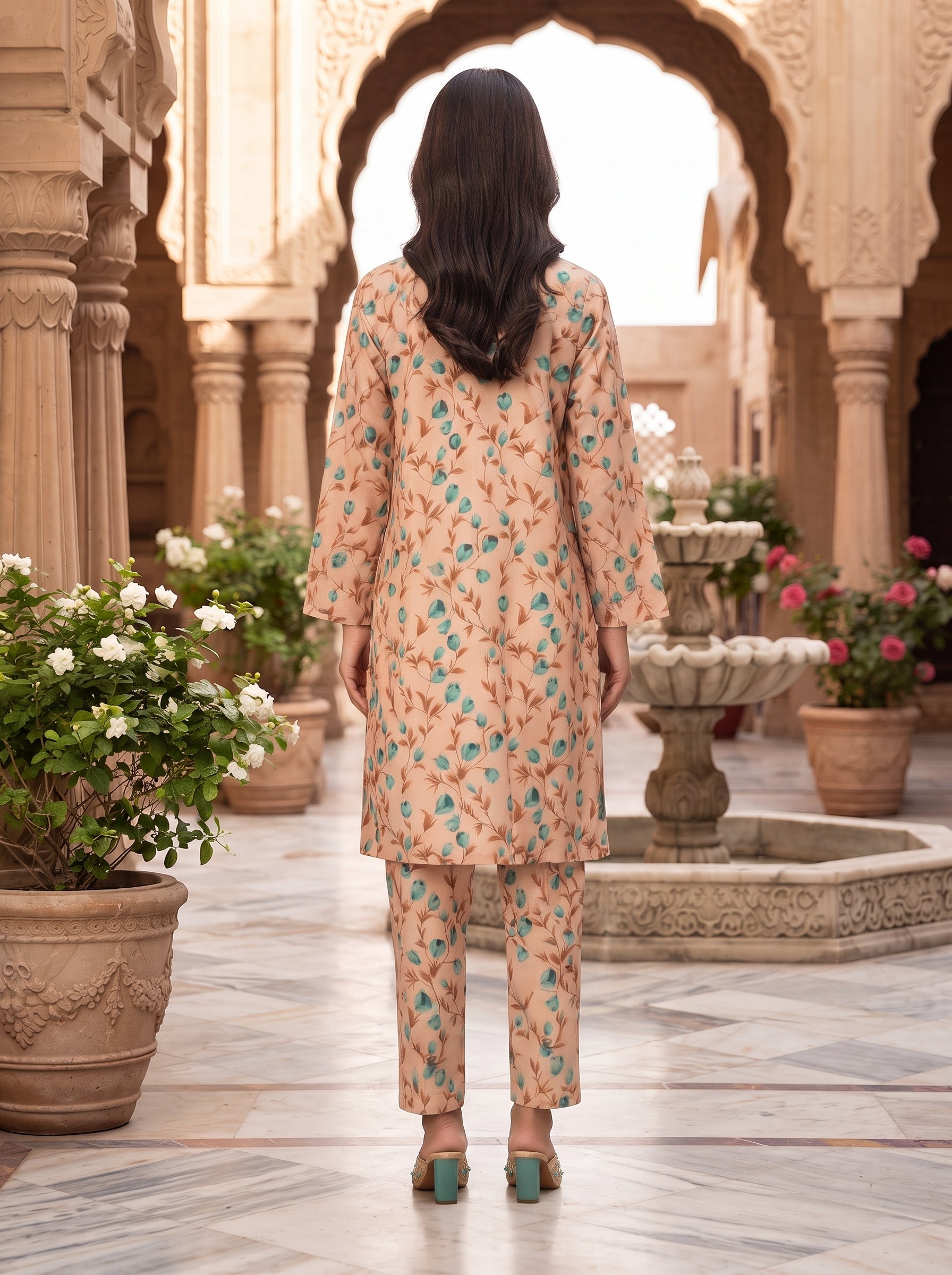 Peach Turquoise Leaf Print 2-Piece Suit view 2