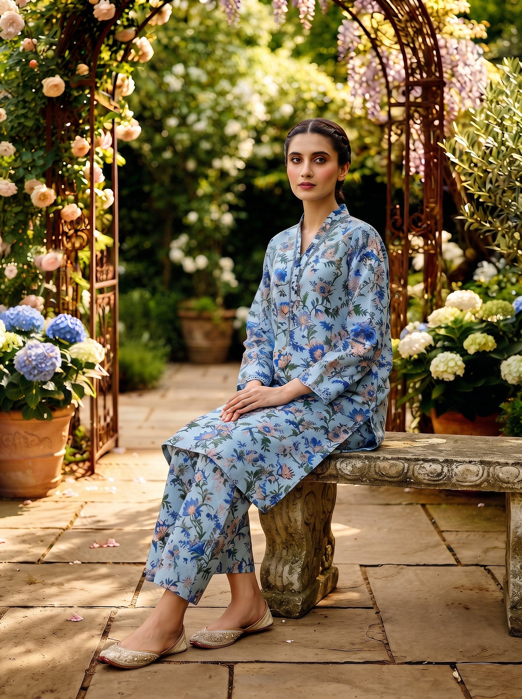 Powder Blue Multicolor Floral Print 2-Piece Suit view 4