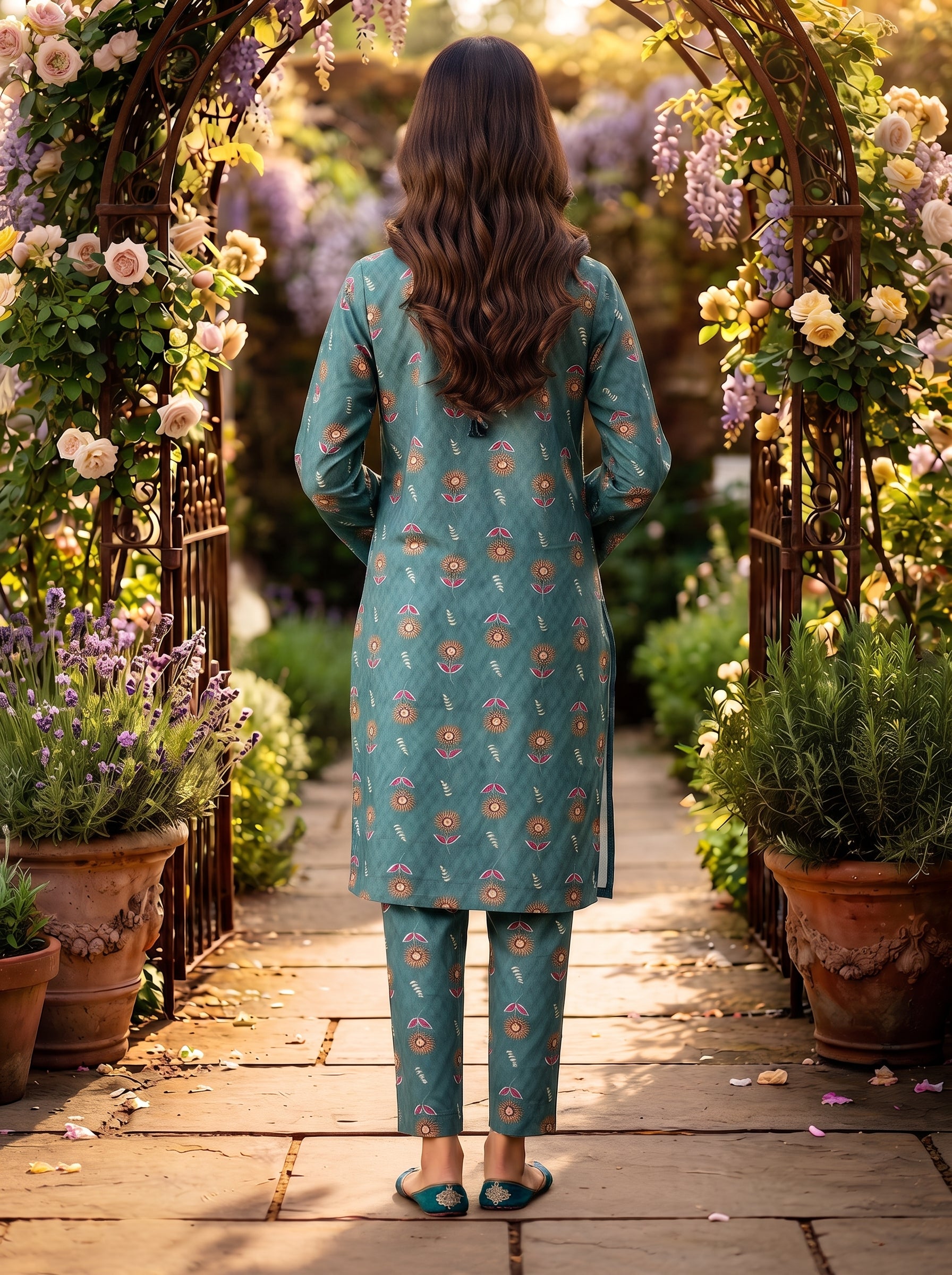 Teal Floral Medallion Print 2-Piece Suit view 3