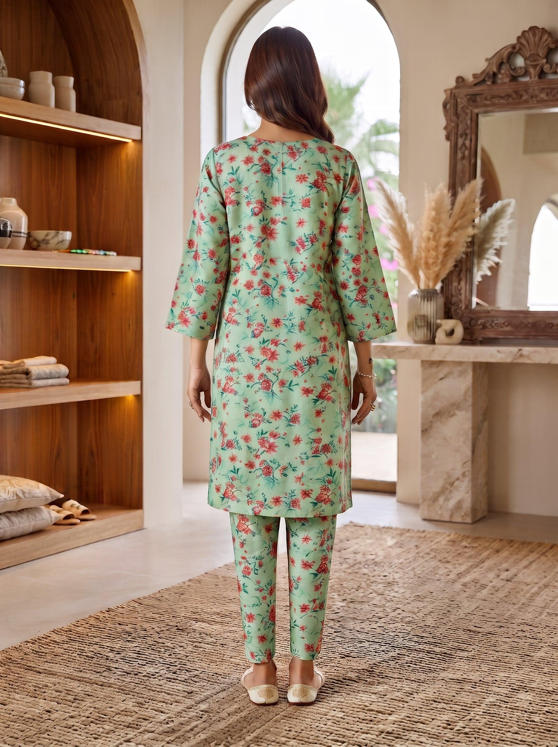 Mint Green Floral Print 2-Piece Suit back