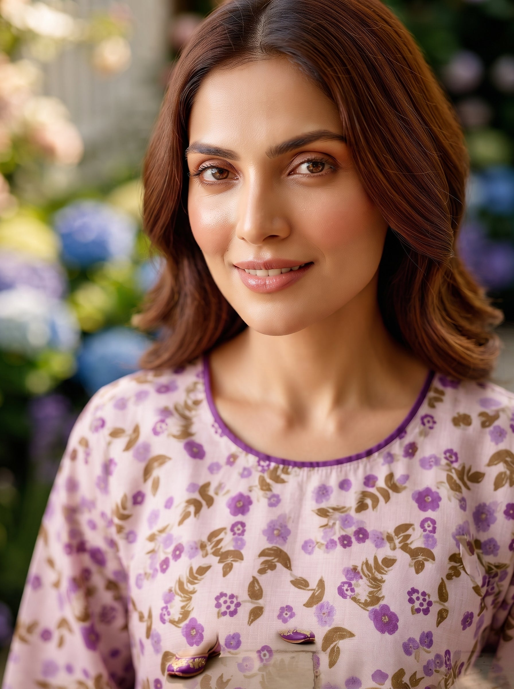 Lilac Purple Floral Print 2-Piece Suit close-up
