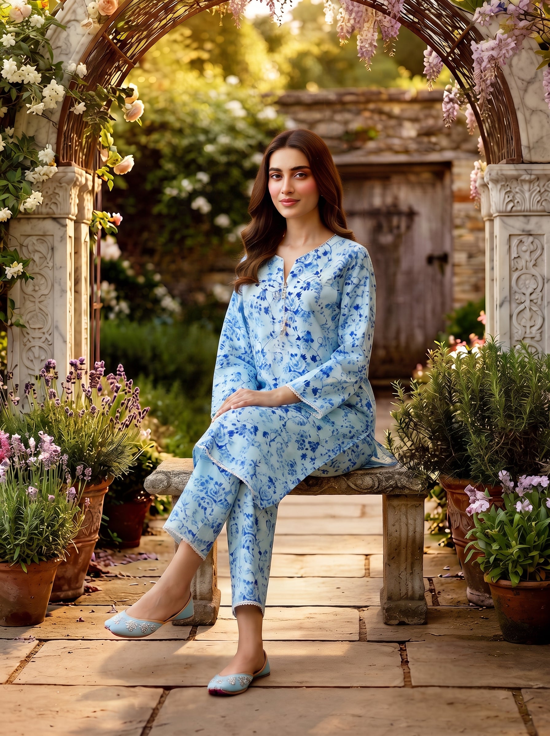Sky Blue Toile Floral Print 2-Piece Suit view 3