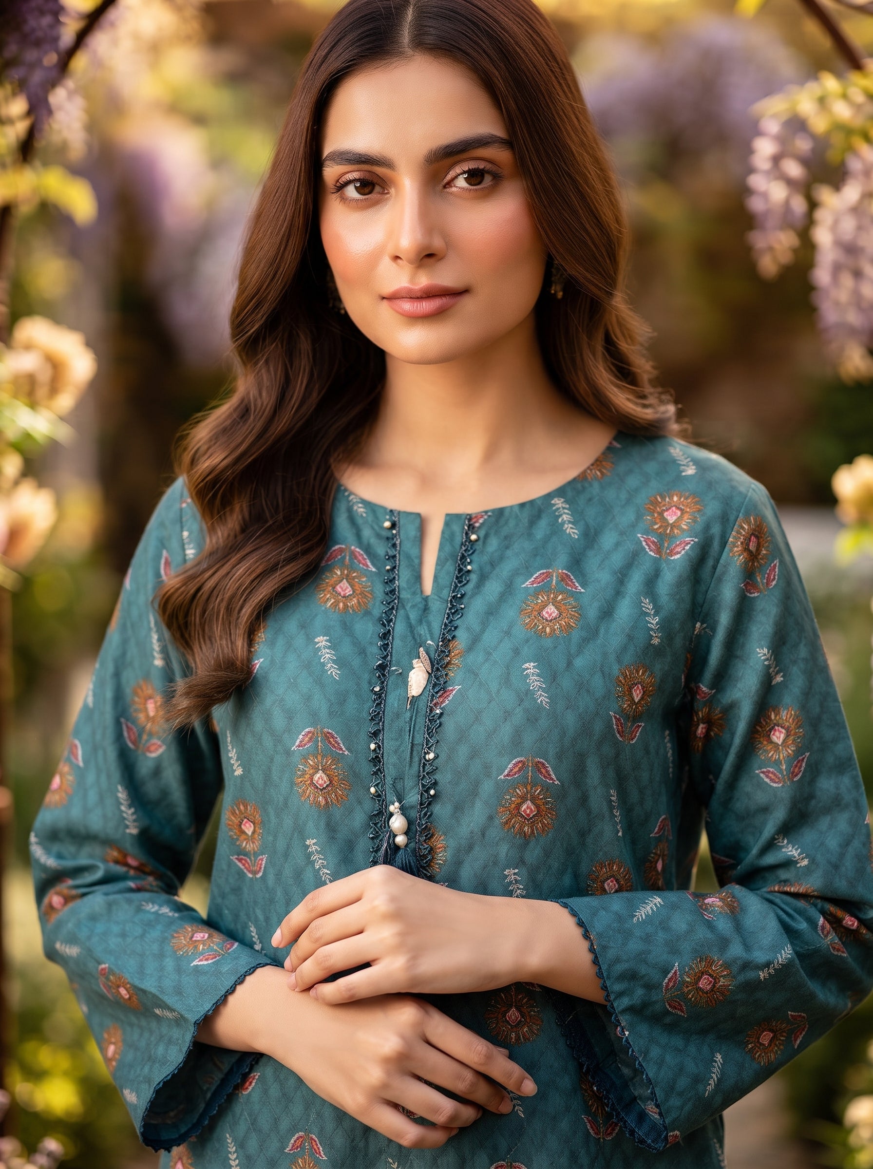 Teal Floral Medallion Print 2-Piece Suit close-up