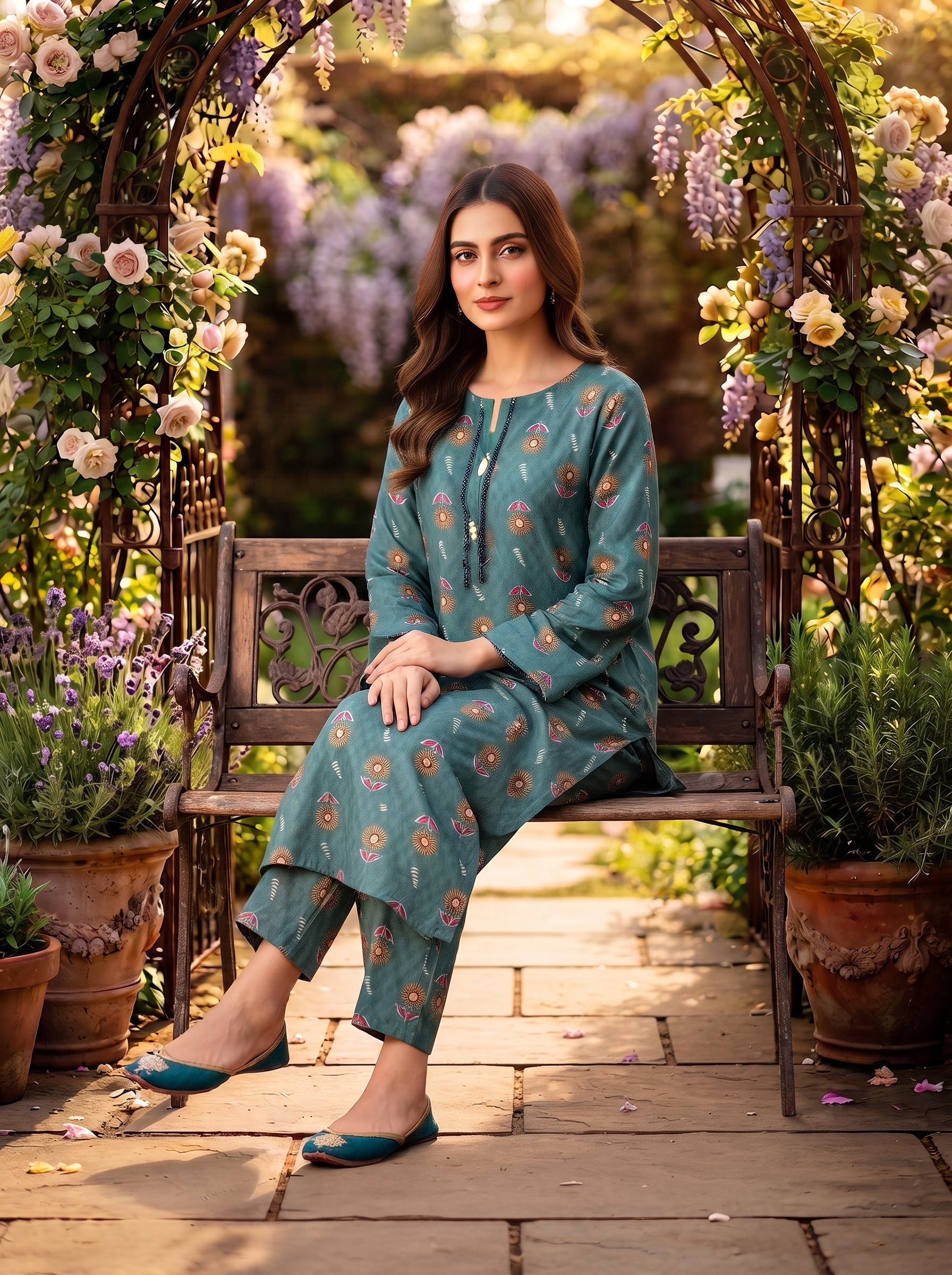 Teal Floral Medallion Print 2-Piece Suit view 2
