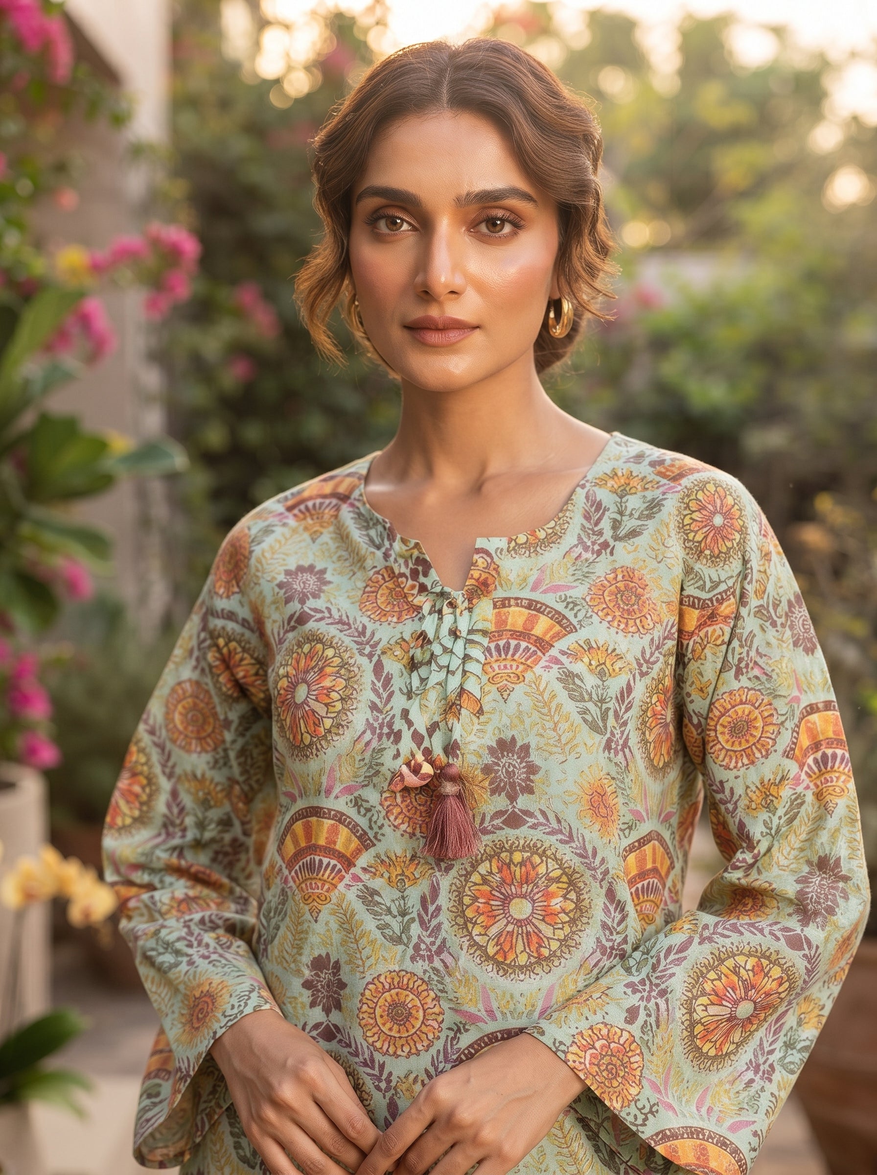 Mint Green Sunburst Medallion Print 2-Piece Suit close-up