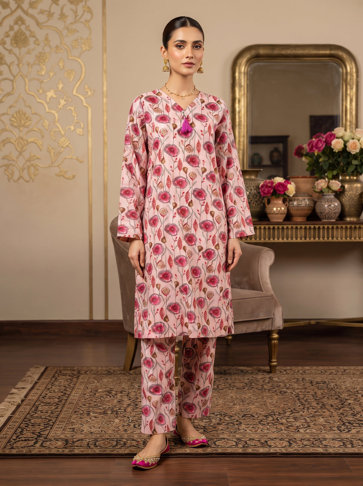 Baby Pink Poppy Floral Print 2-Piece Suit front