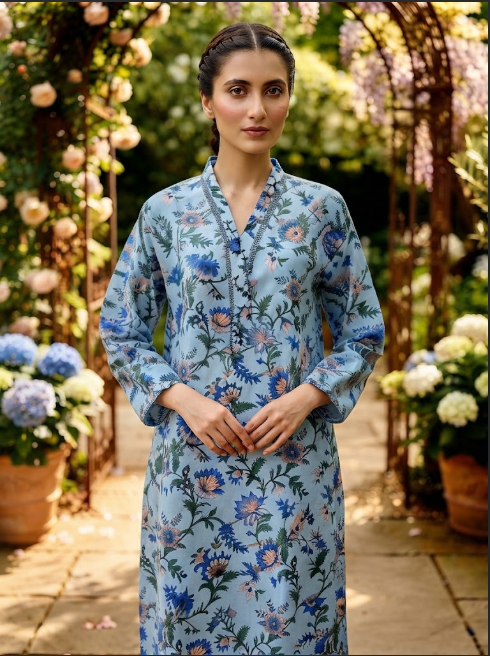 Powder Blue Multicolor Floral Print 2-Piece Suit close-up