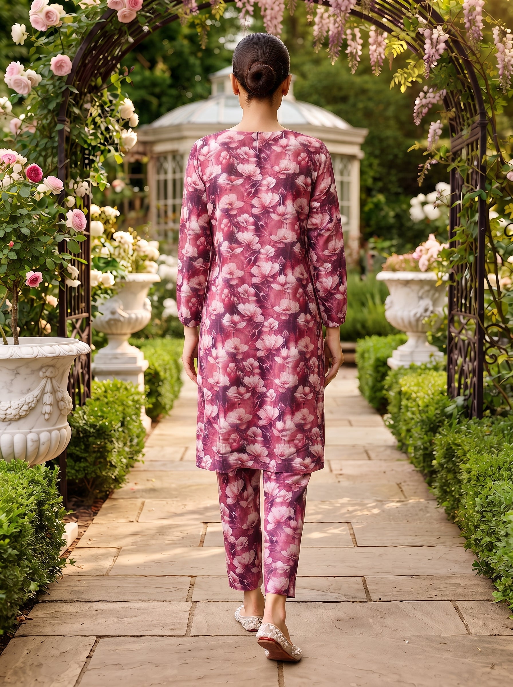 Magenta Watercolor Floral Print 2-Piece Suit back