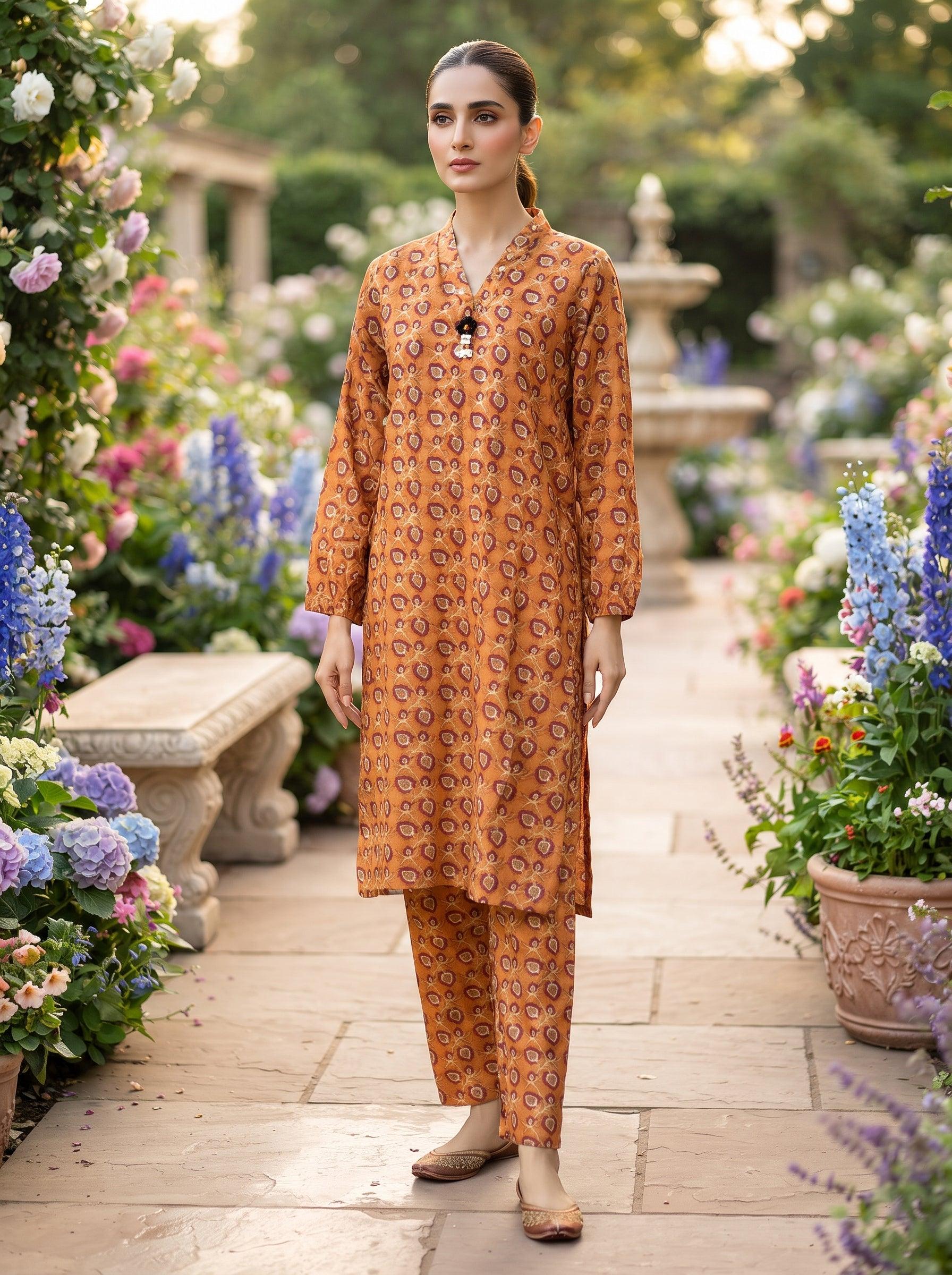 Rust Orange Ikat Print 2-Piece Suit detail