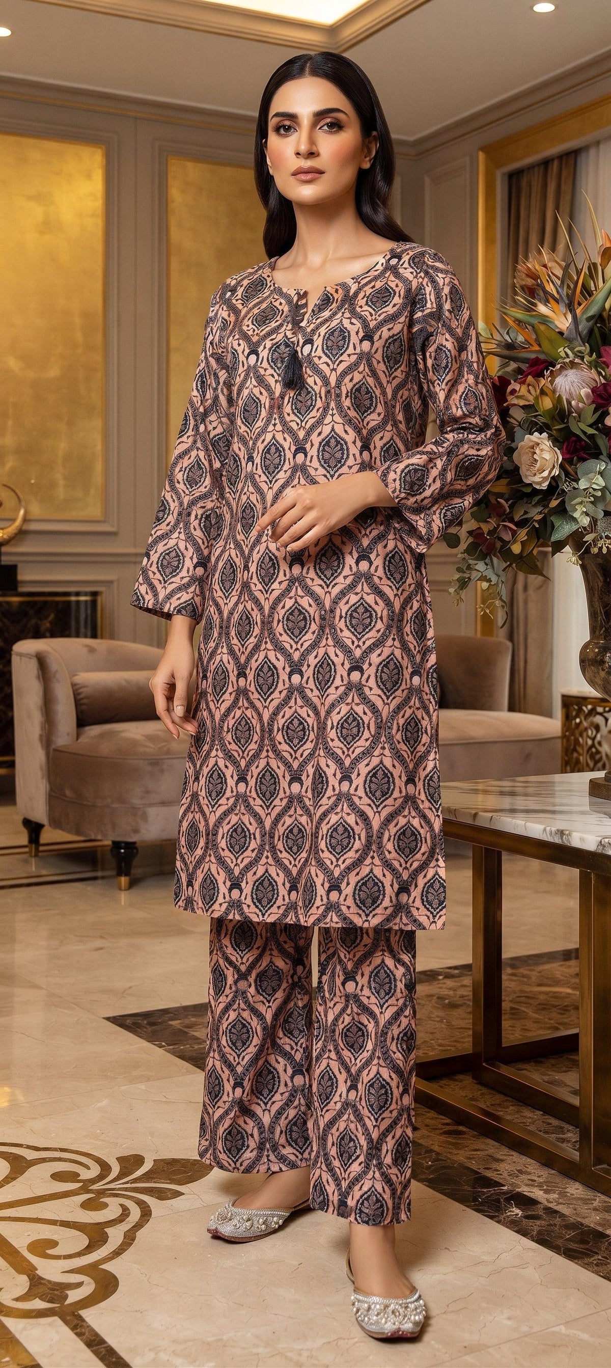 Peach Black Ikat Print 2-Piece Suit front