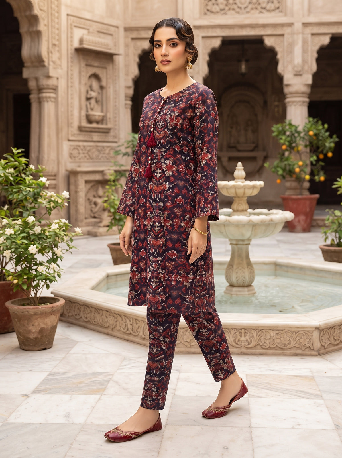 Navy Plum Ikat Print 2-Piece Suit front