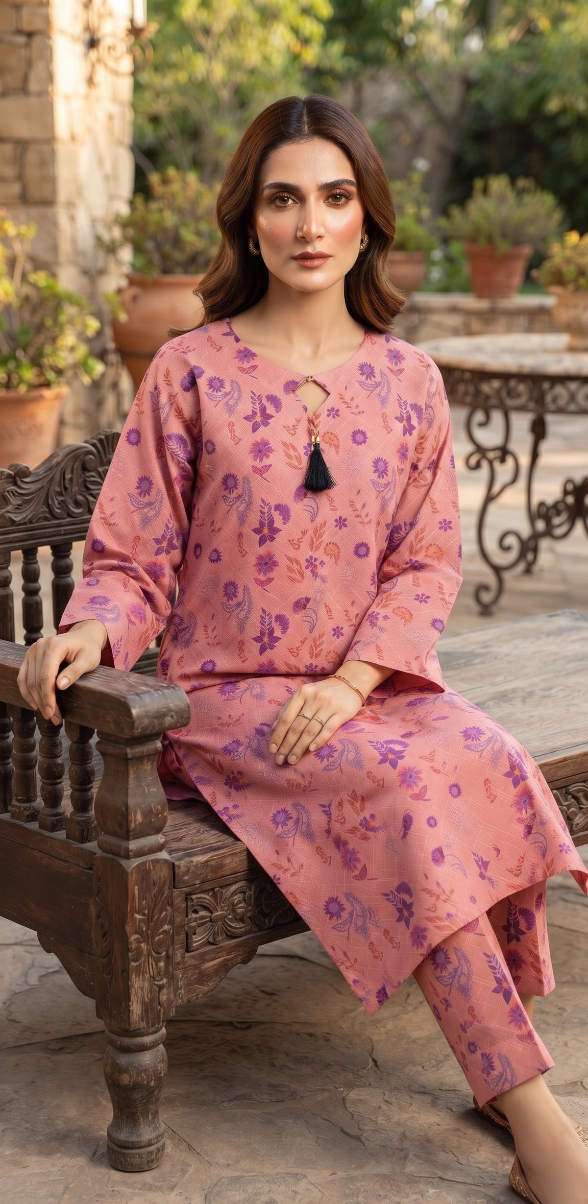Rose Pink Scattered Floral Print 2-Piece Suit front