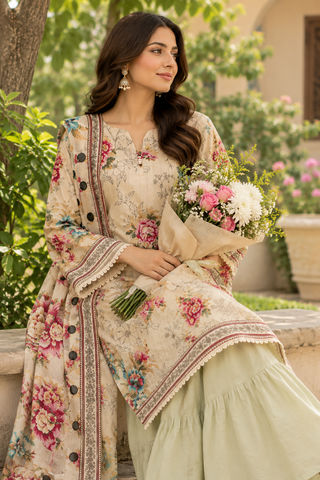 3 Pcs Unstitched Printed Dobby Viscose Suit in beige for women