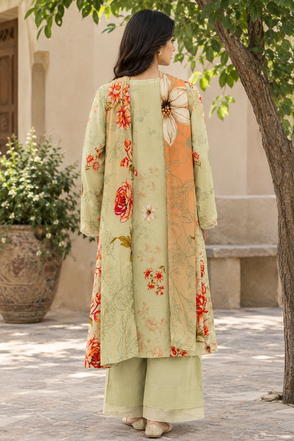 Pistachio green unstitched 3 Pcs Viscose suit for women with matching floral dupatta
