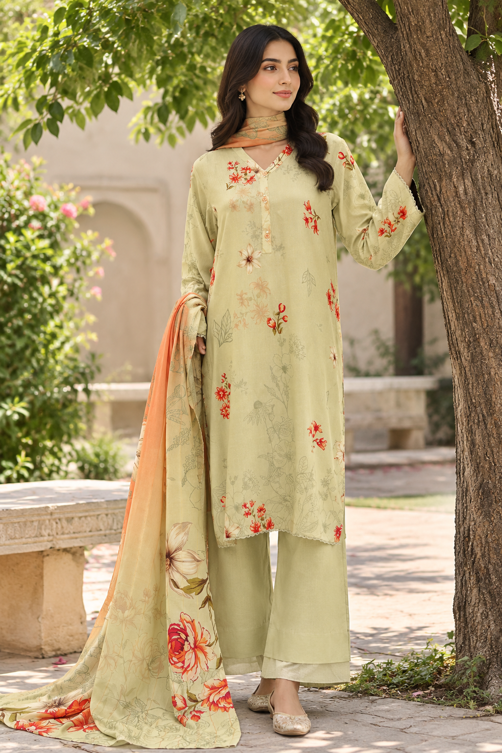3 Pcs Unstitched Printed Dobby Viscose Suit in pistachio green for women