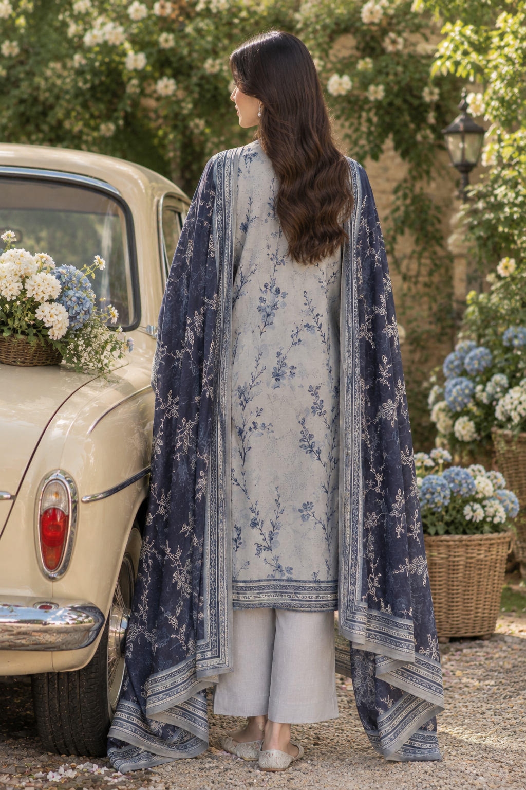 Slate grey unstitched 3 Pcs Viscose suit for women with midnight blue patterned dupatta