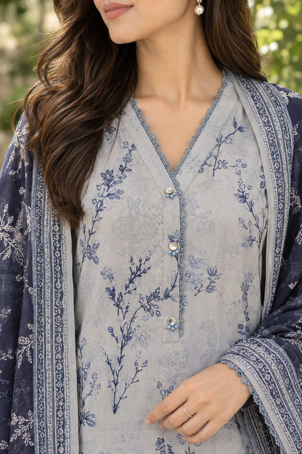 Slate grey indigo floral print on unstitched viscose suit for women
