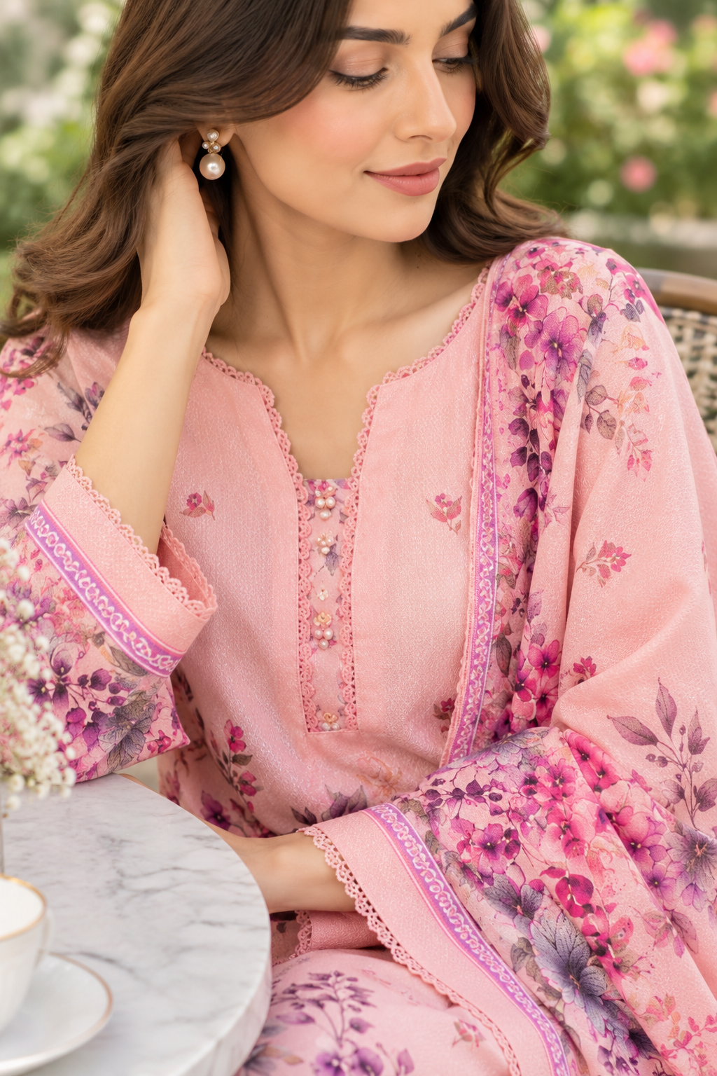 Blush pink magenta floral print on unstitched viscose suit for women