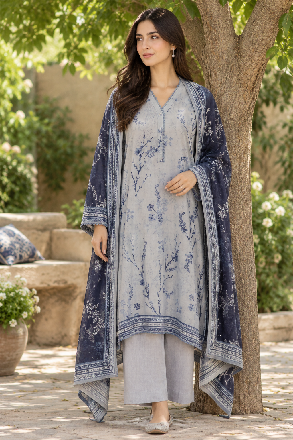 3 Pcs Unstitched Printed Dobby Viscose Suit in slate grey for women