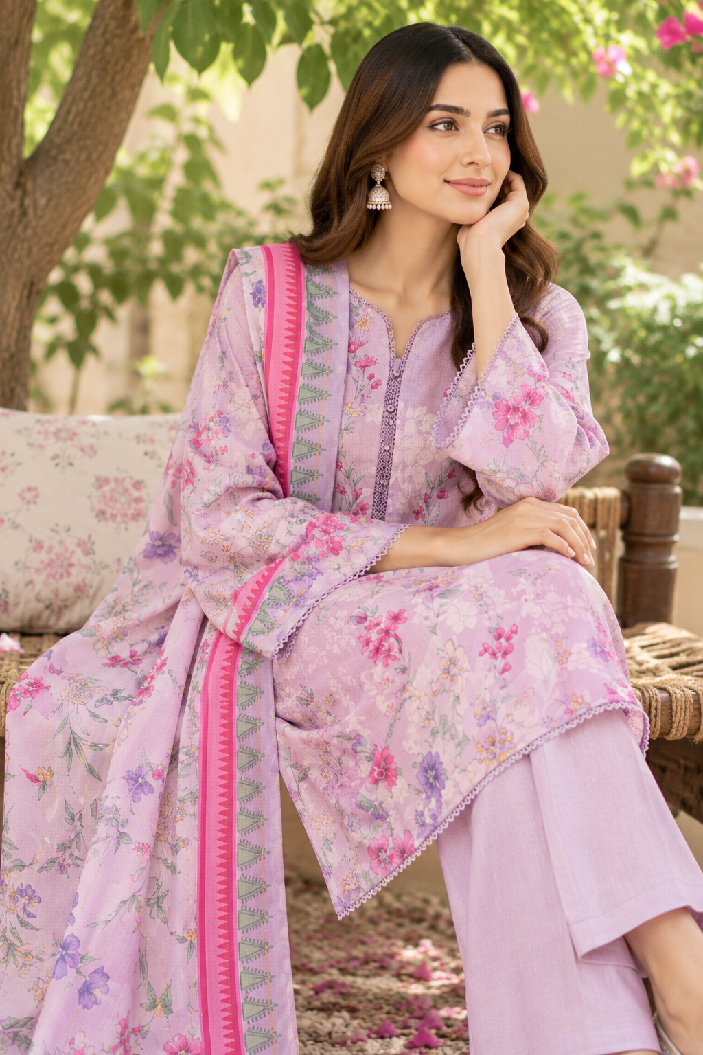 3 Pcs Unstitched Printed Dobby Viscose Suit in lavender for women