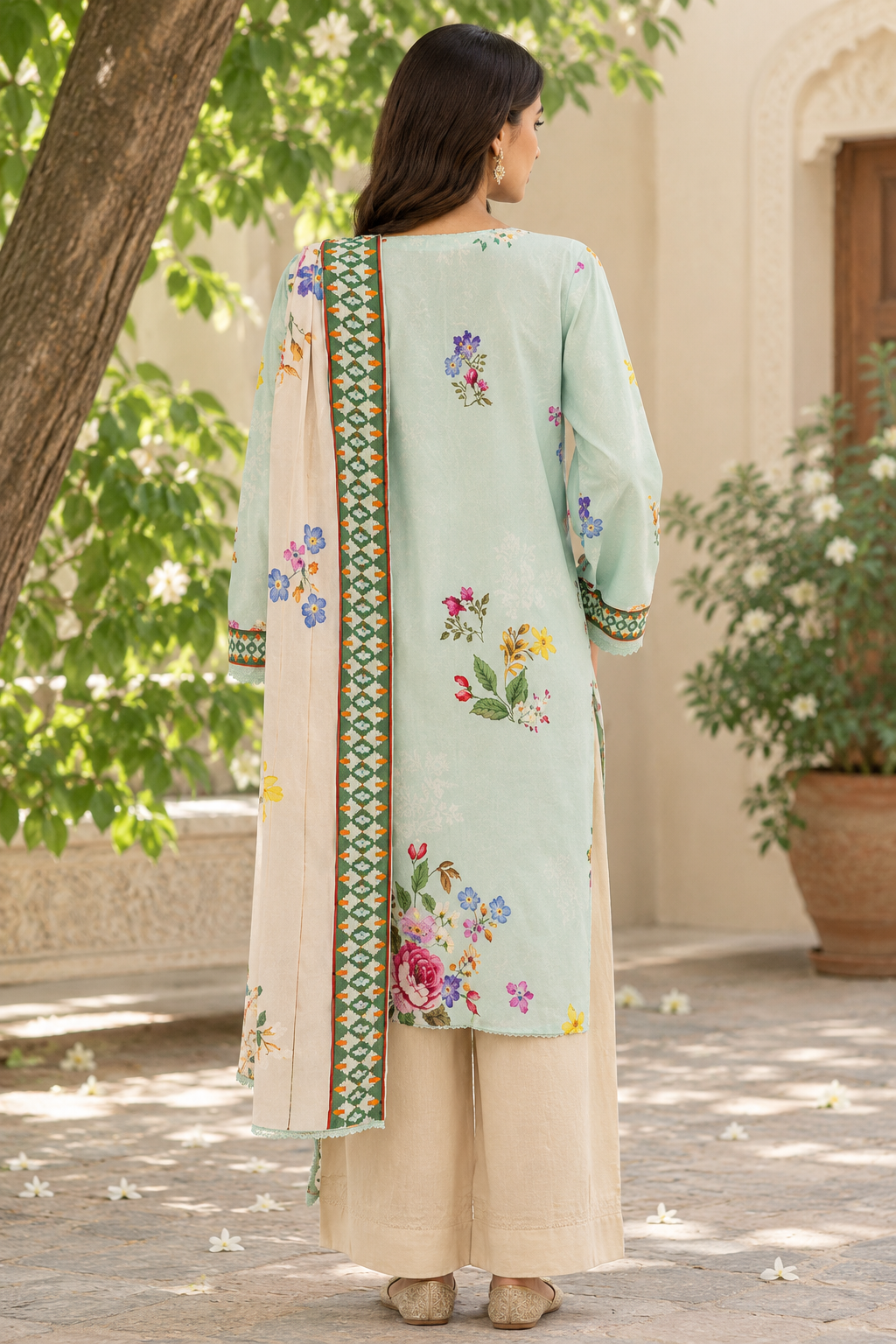 Mint green unstitched 3 Pcs Viscose suit for women with printed beige dupatta