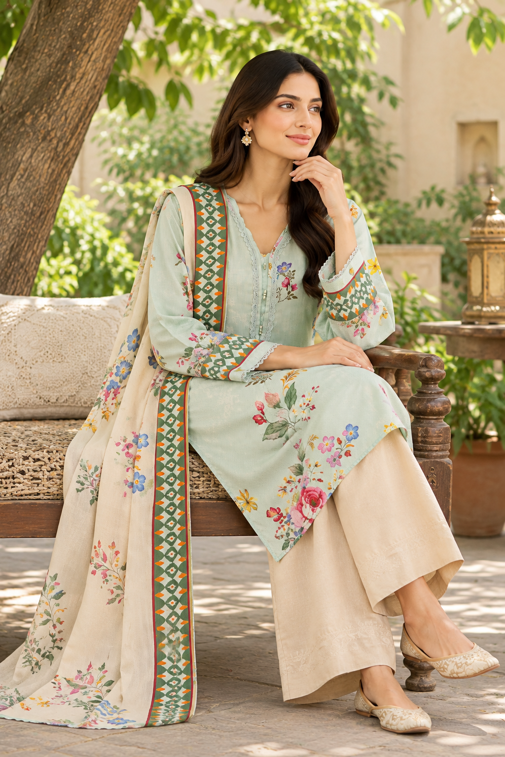 Women's mint green unstitched viscose suit with geometric sleeve borders